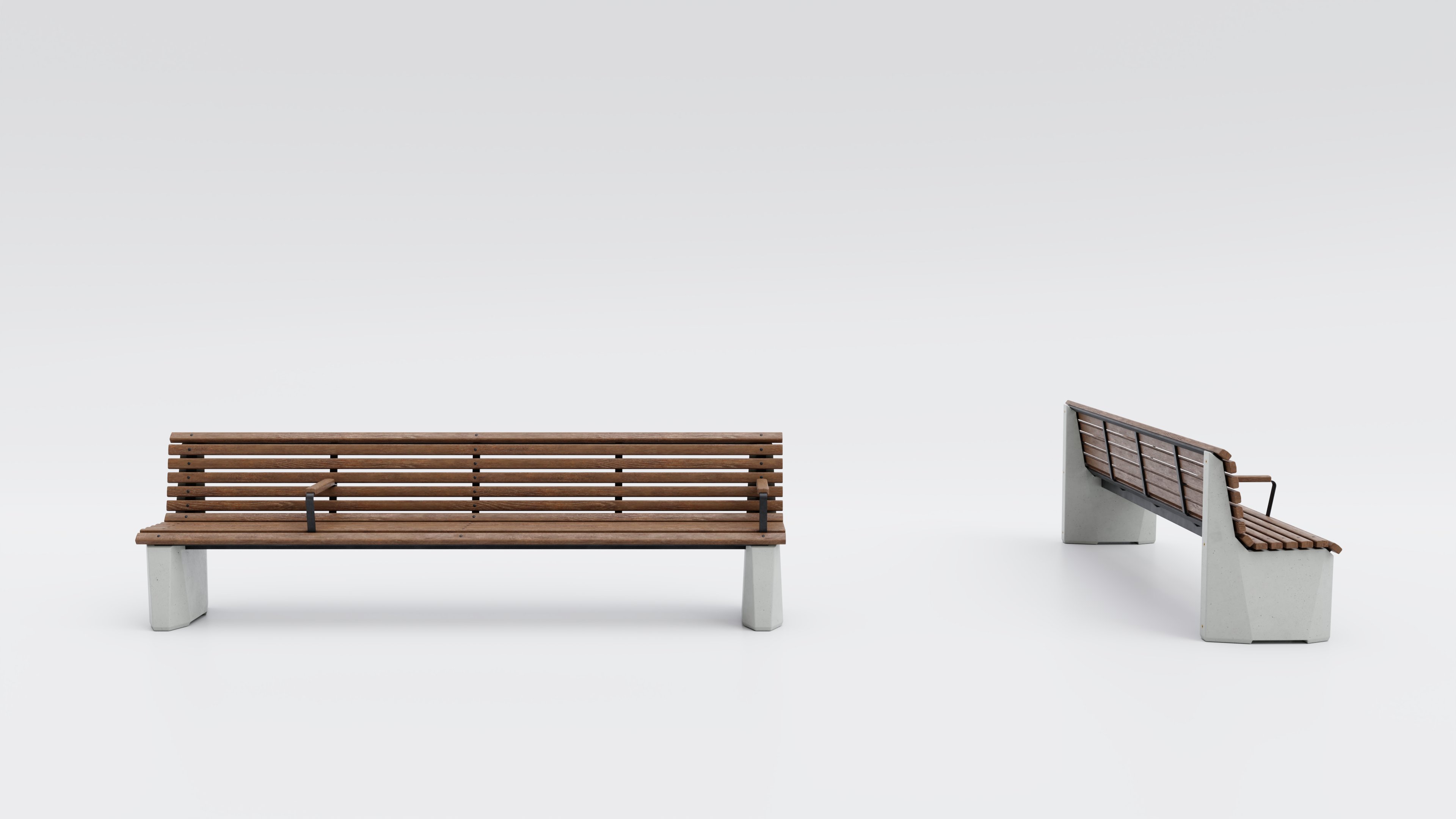 Visualisierung der Sitzbank einseitig, ohne Werbefläche. Die Sitzbank besteht aus Holzlatten und Betonsockeln aus Recyclingbeton.