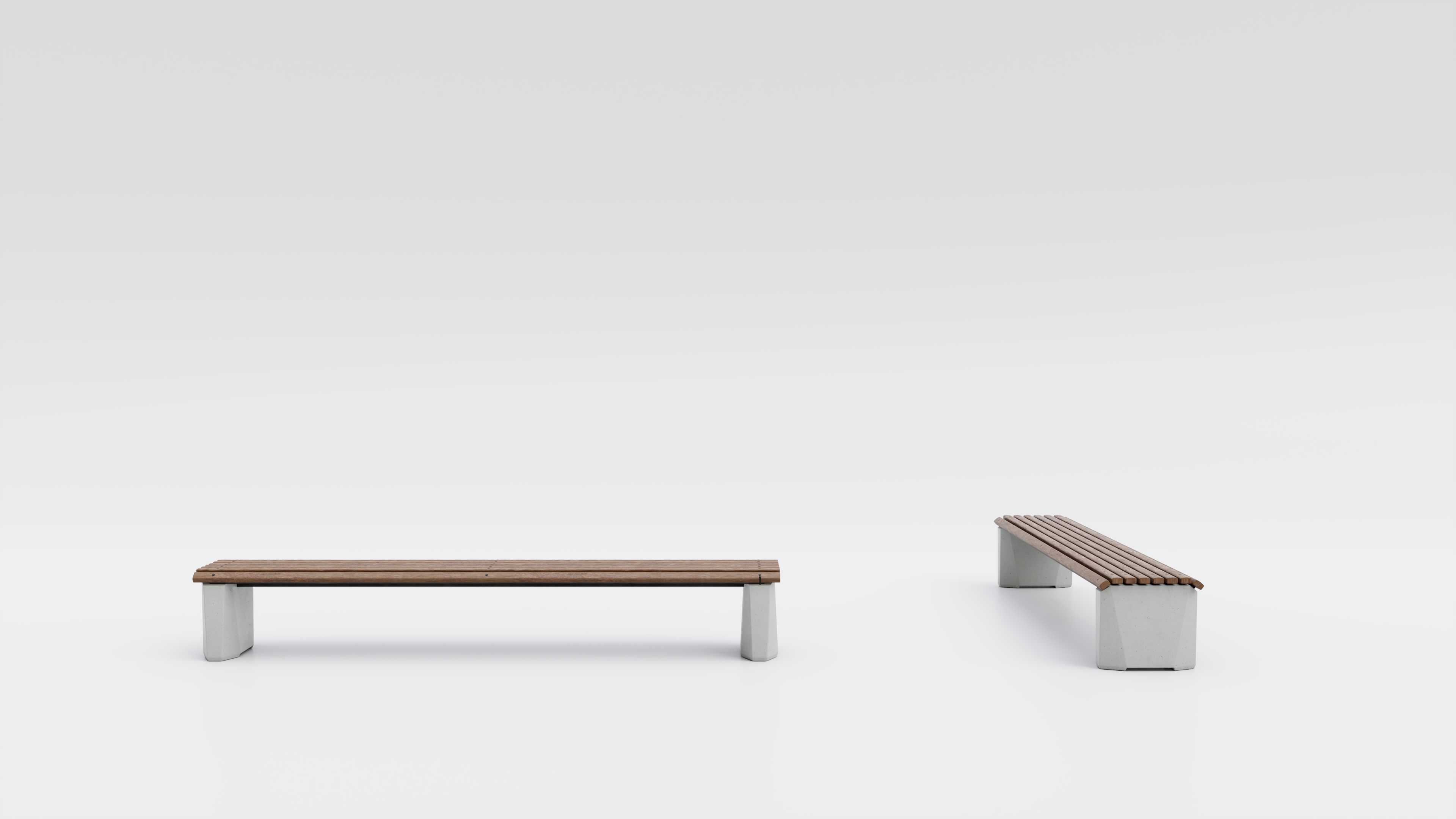 Visualisierung der Sitzbank ohne Rückenlehne. Die Sitzbank besteht aus Holz und Betonsockeln aus Recyclingbeton.