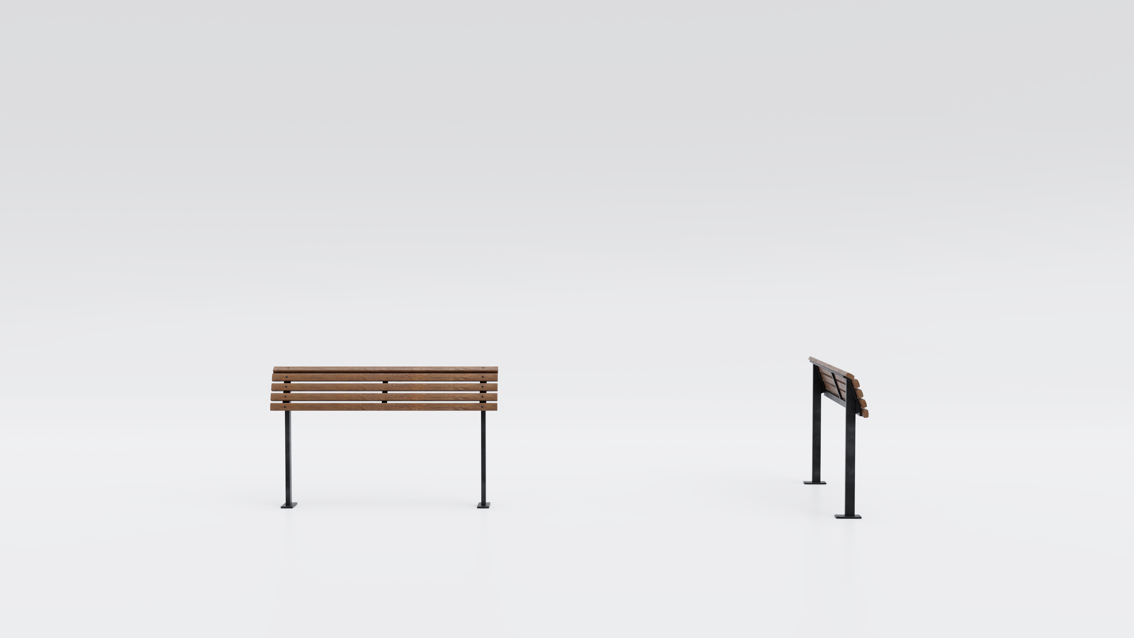 Visualisierung der Stehbank zum Anlehnen aus Holz. Die Beine der Stehbank bestehen aus Metall. Diese werden mit dem Boden verschraubt.