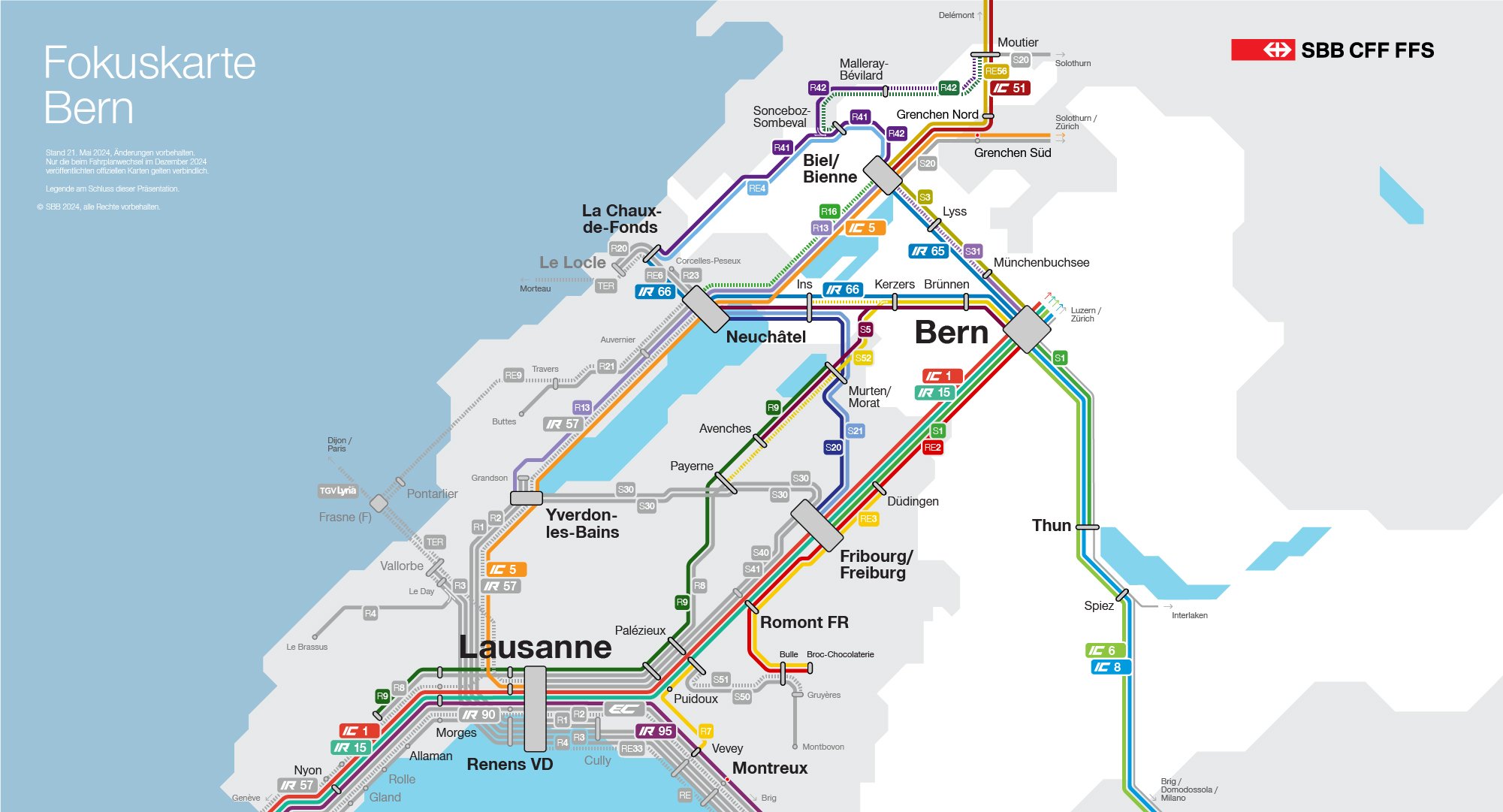 Diese visuelle Darstellung zeigt die Veränderungen des Bahnverkehrs im Kanton Bern in Form eines Schemas. Alle Änderungen sind auch im folgenden Text aufgelistet.
