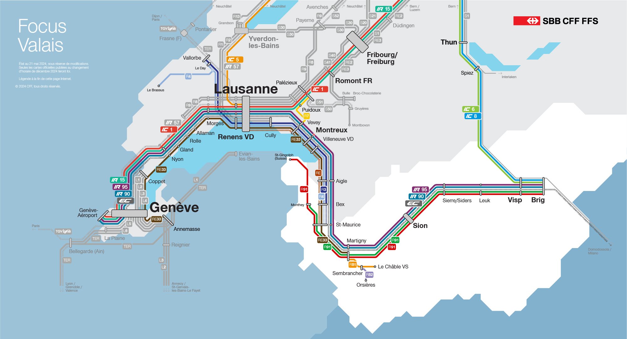Ce visuel montre les changements du trafic ferroviaire dans le canton du Valais sous forme de schéma. Tous les changements sont également listés dans le texte ci-dessous.