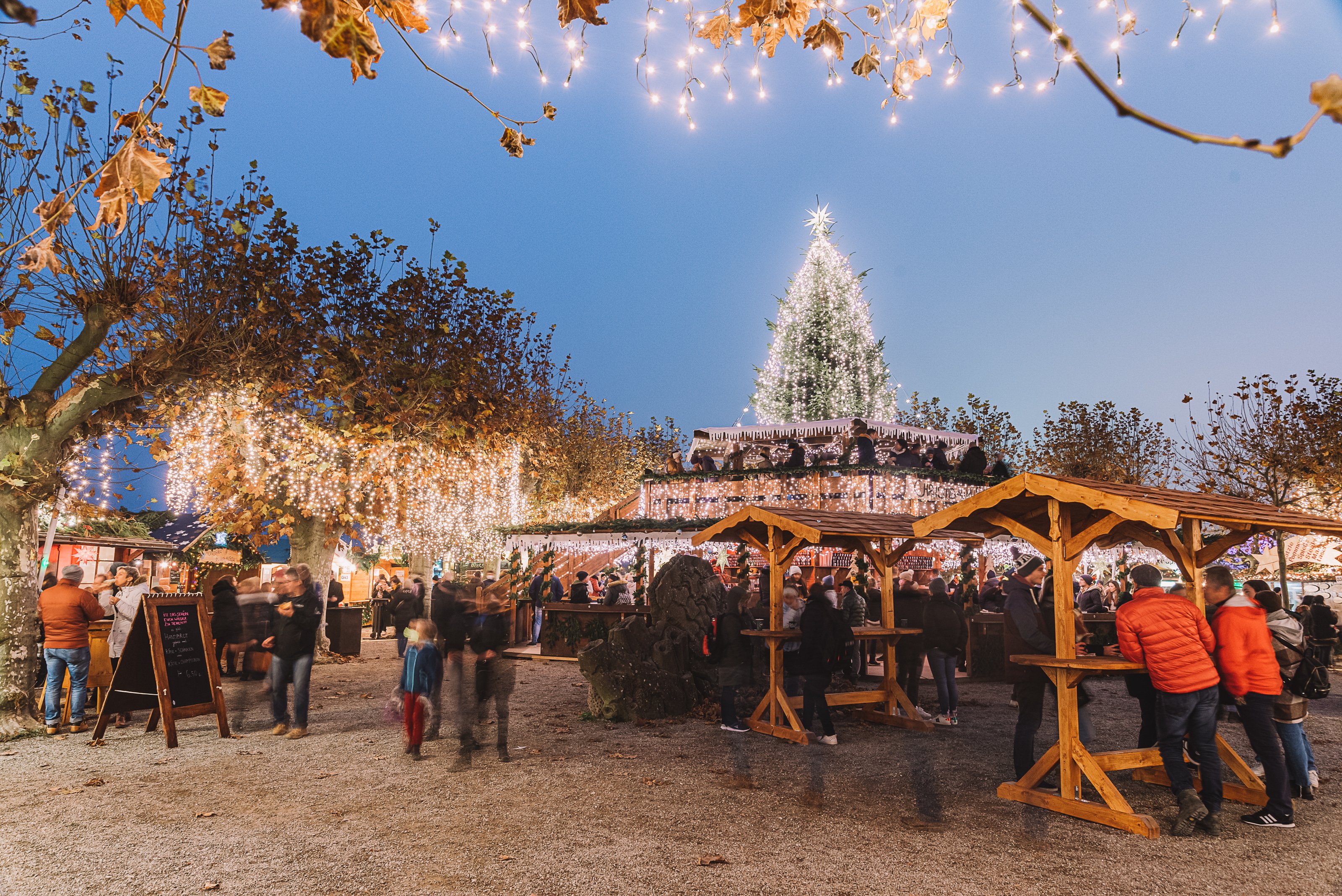 Alberi e bancarelle illuminate a festa.
