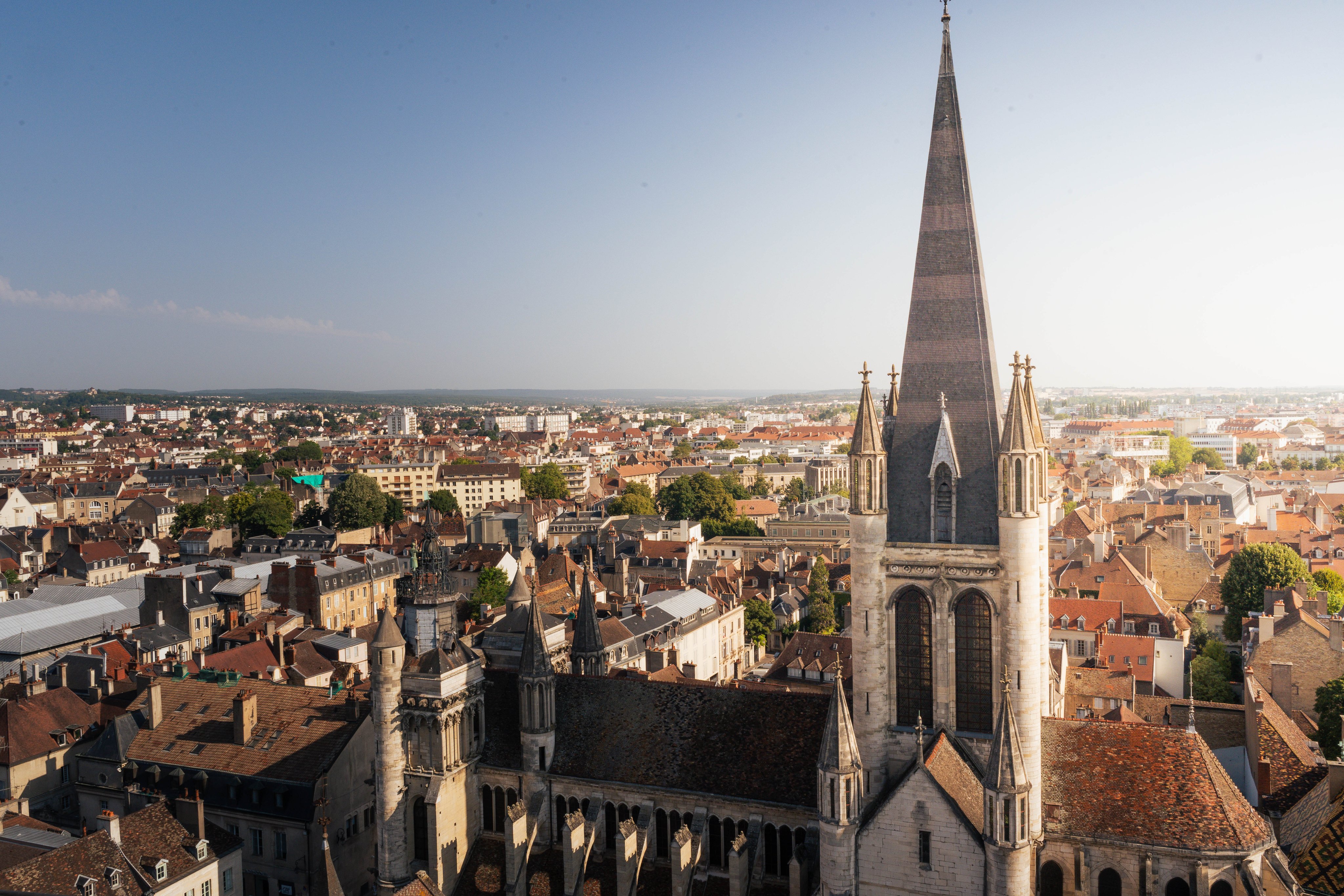 Aussicht auf die Stadt Dijon: Viele Gebäude und Kirchen mit einem blauen Himmel.