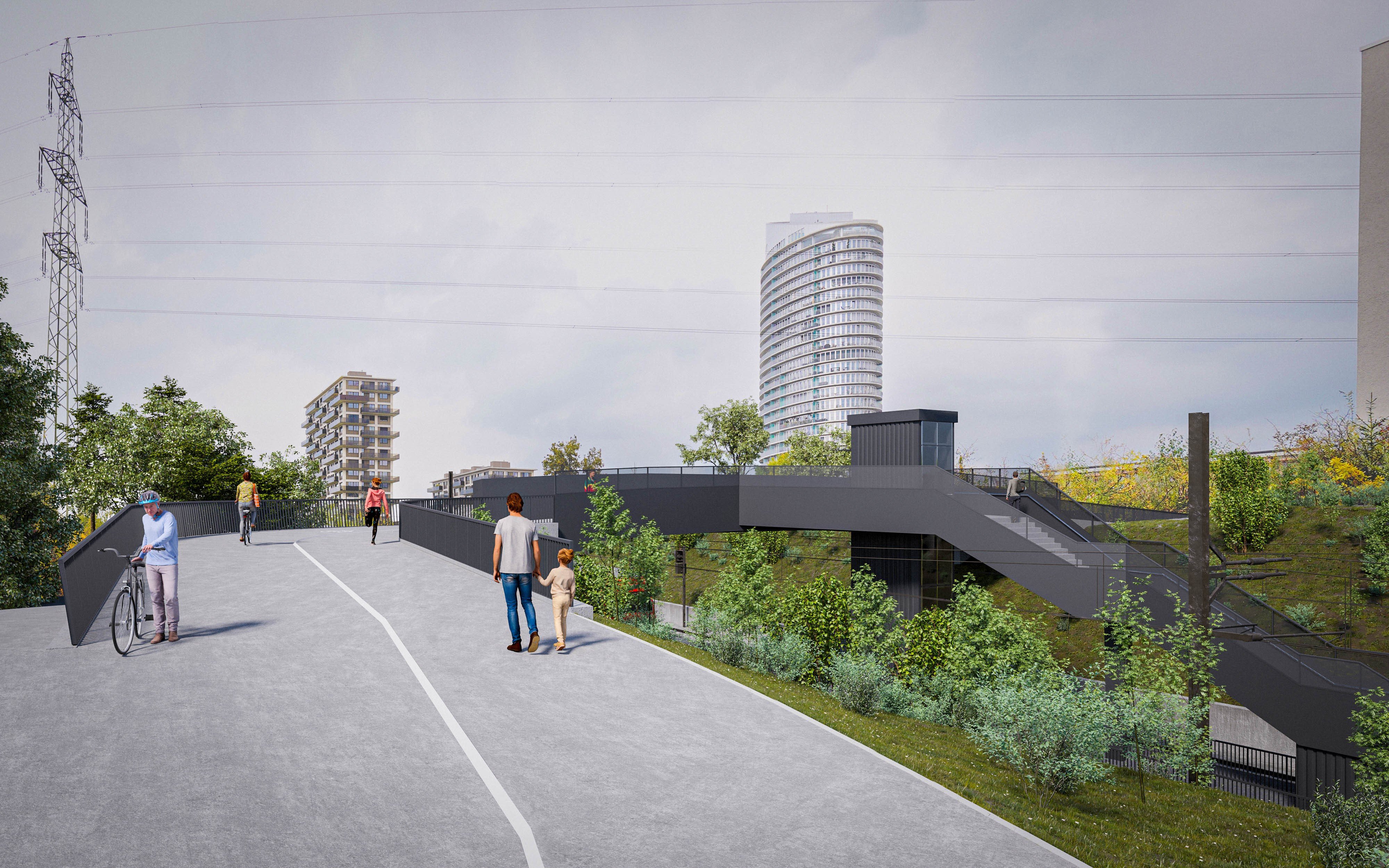 Die Visualisierung zeigt die Passerelle, welche die beiden Quartiere von Dübendorf und Zürich miteinander verbindet.