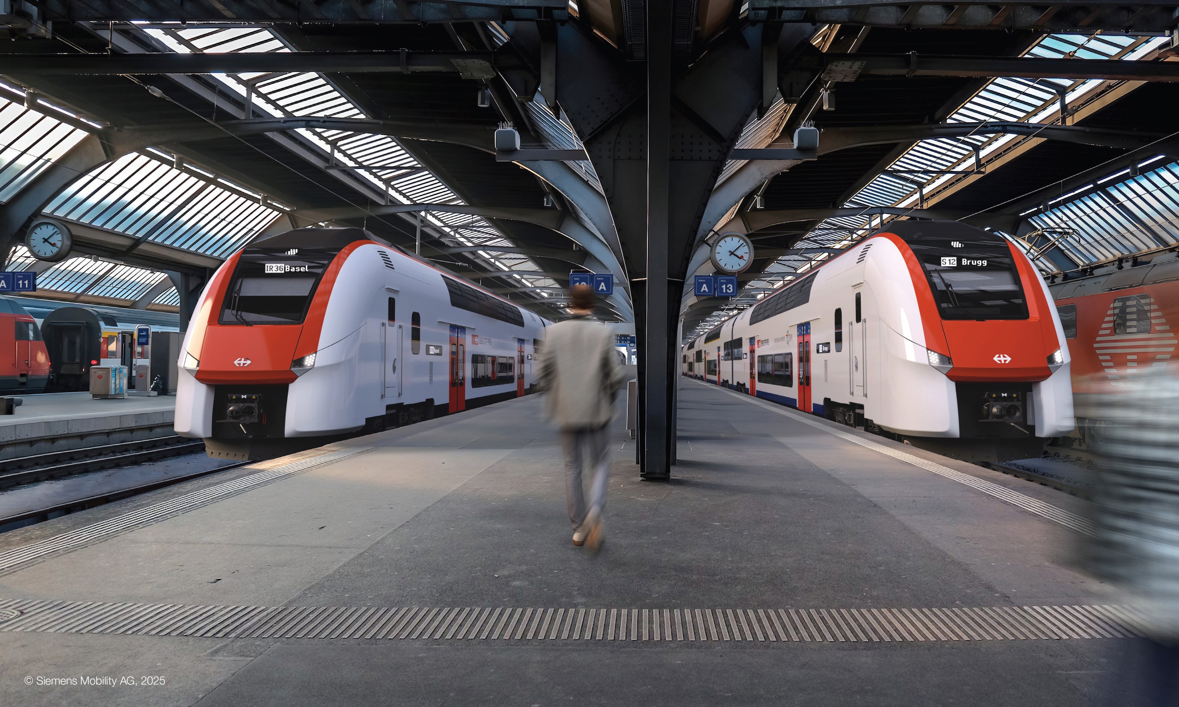 Weisser Zug mit roter Front am Hauptbahnhof Zürich