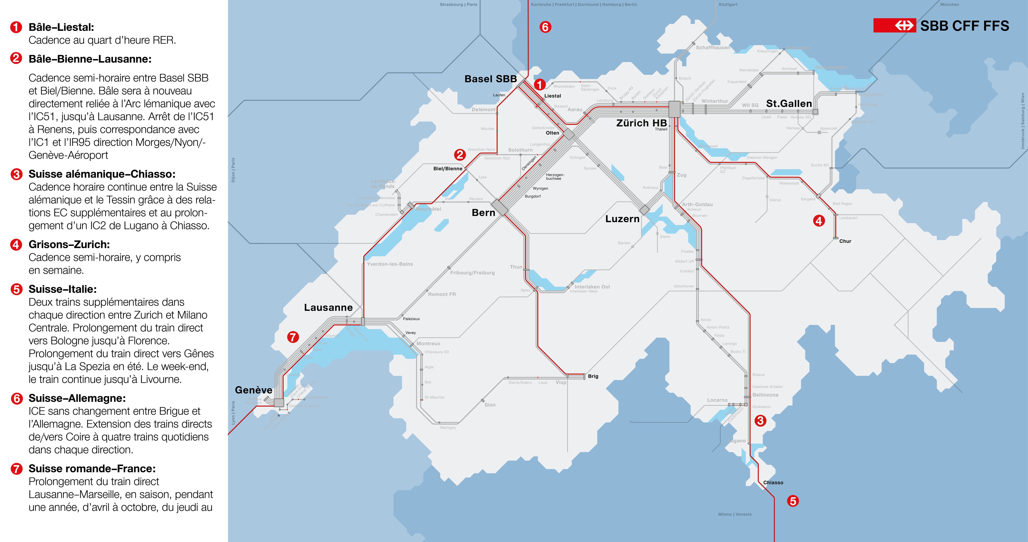 Carte simplifiée des principaux changements d'horaires (entrée en vigueur le 14 décembre).