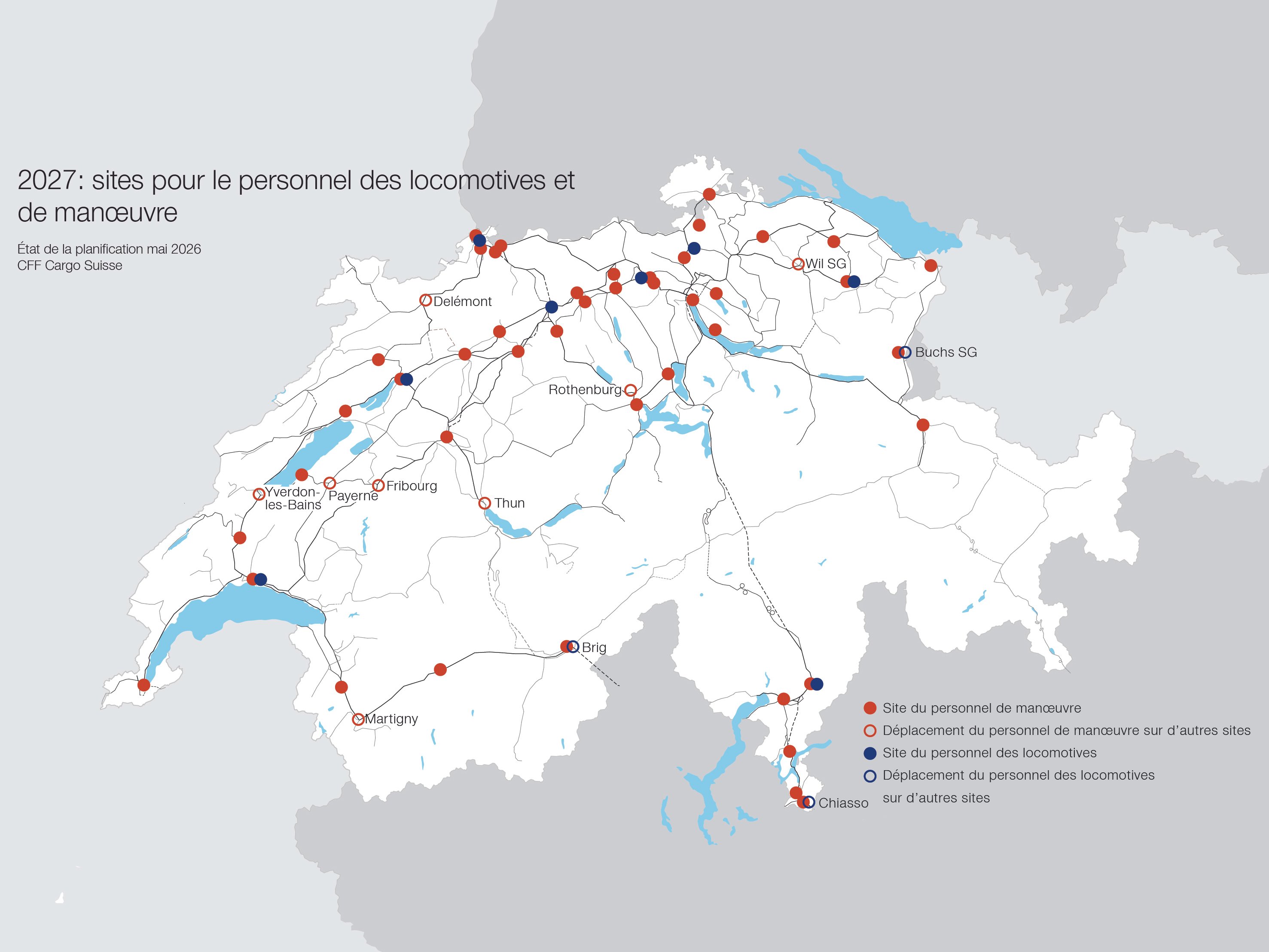 Carte de la Suisse avec les sites pour le personnel des locomotives et de manœuvre de CFF Cargo Suisse comme mentionné dans le texte précédent.