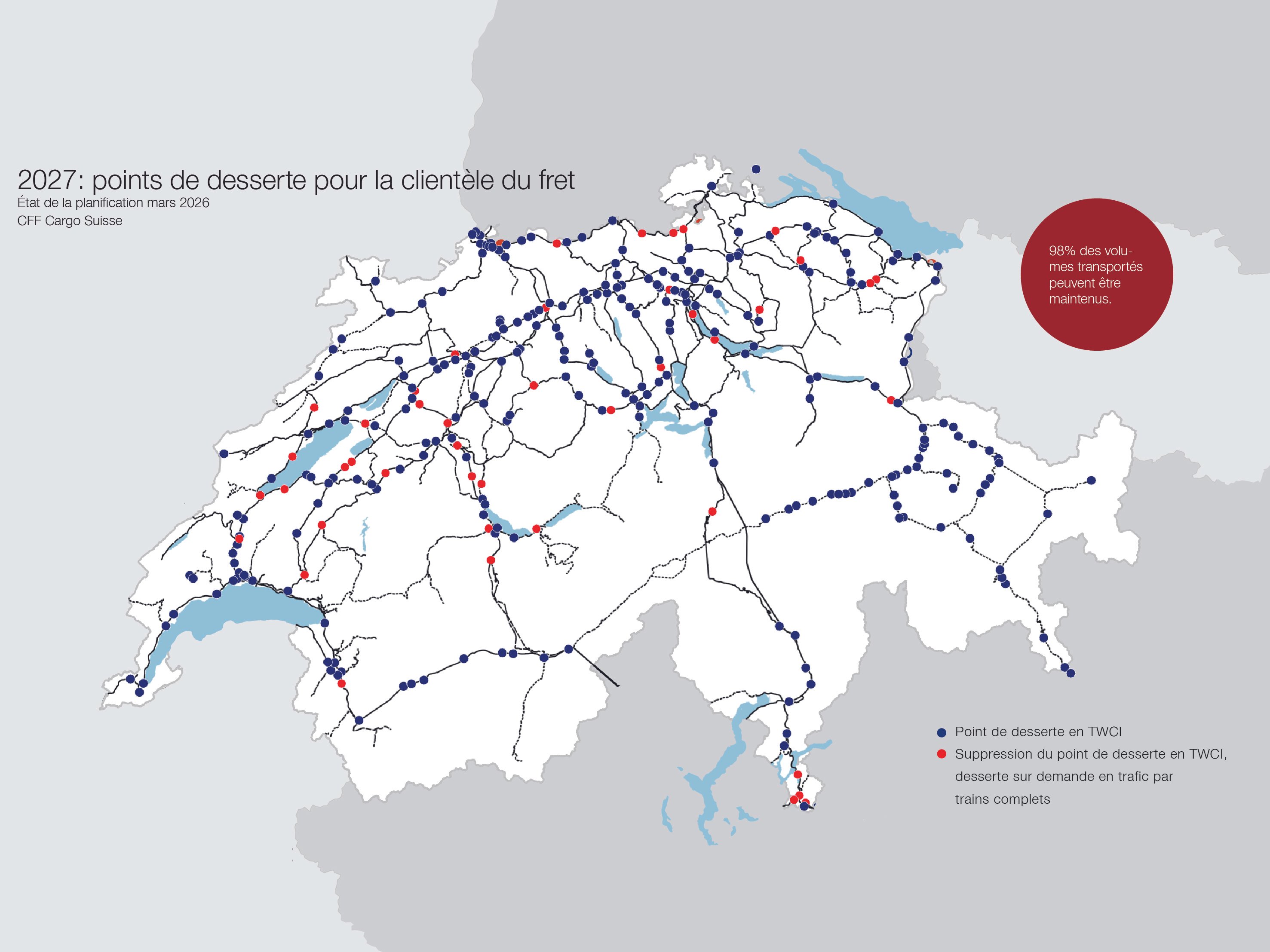 Carte de la Suisse avec les points de desserte pour la clientèle des transports et les points de desserte en TWCI qui seront supprimés.