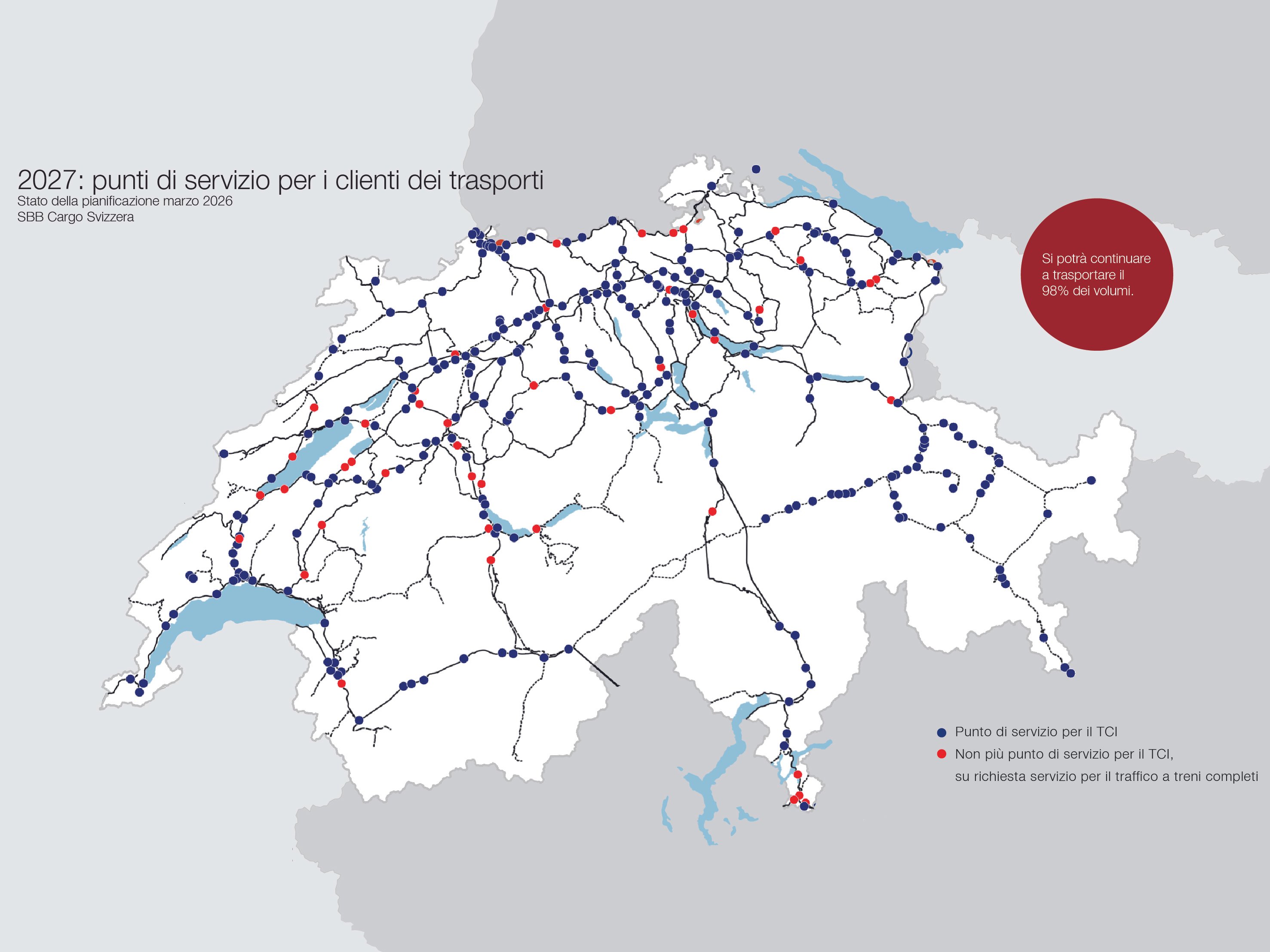 Cartina della Svizzera con i punti di servizio per i clienti dei trasporti e i punti di servizio nel TCI che verranno soppressi.