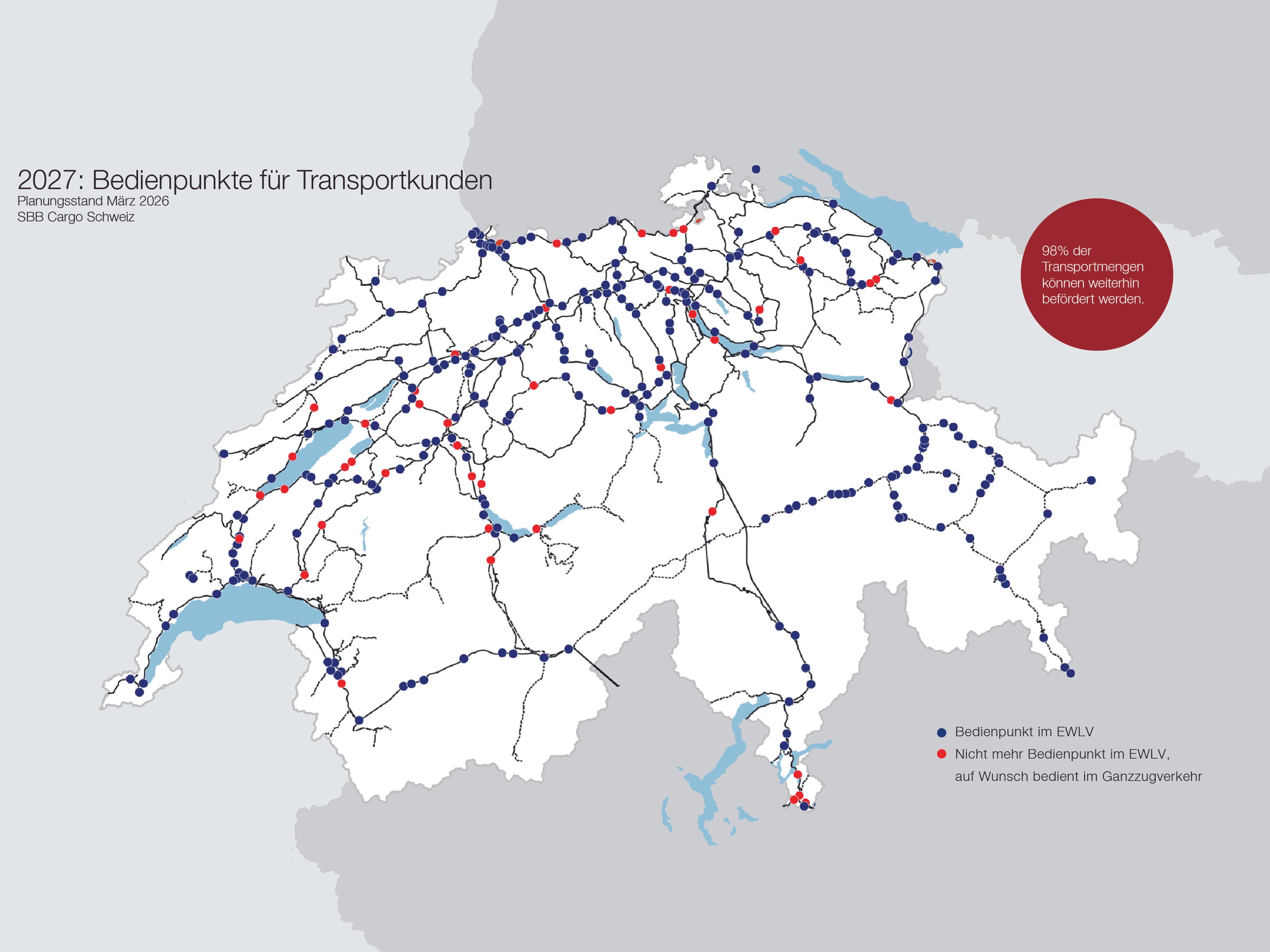 Karte der Schweiz mit Bedienpunkte für Transportkunden und Bedienpunkte im EWLV, die wegfallen werden.