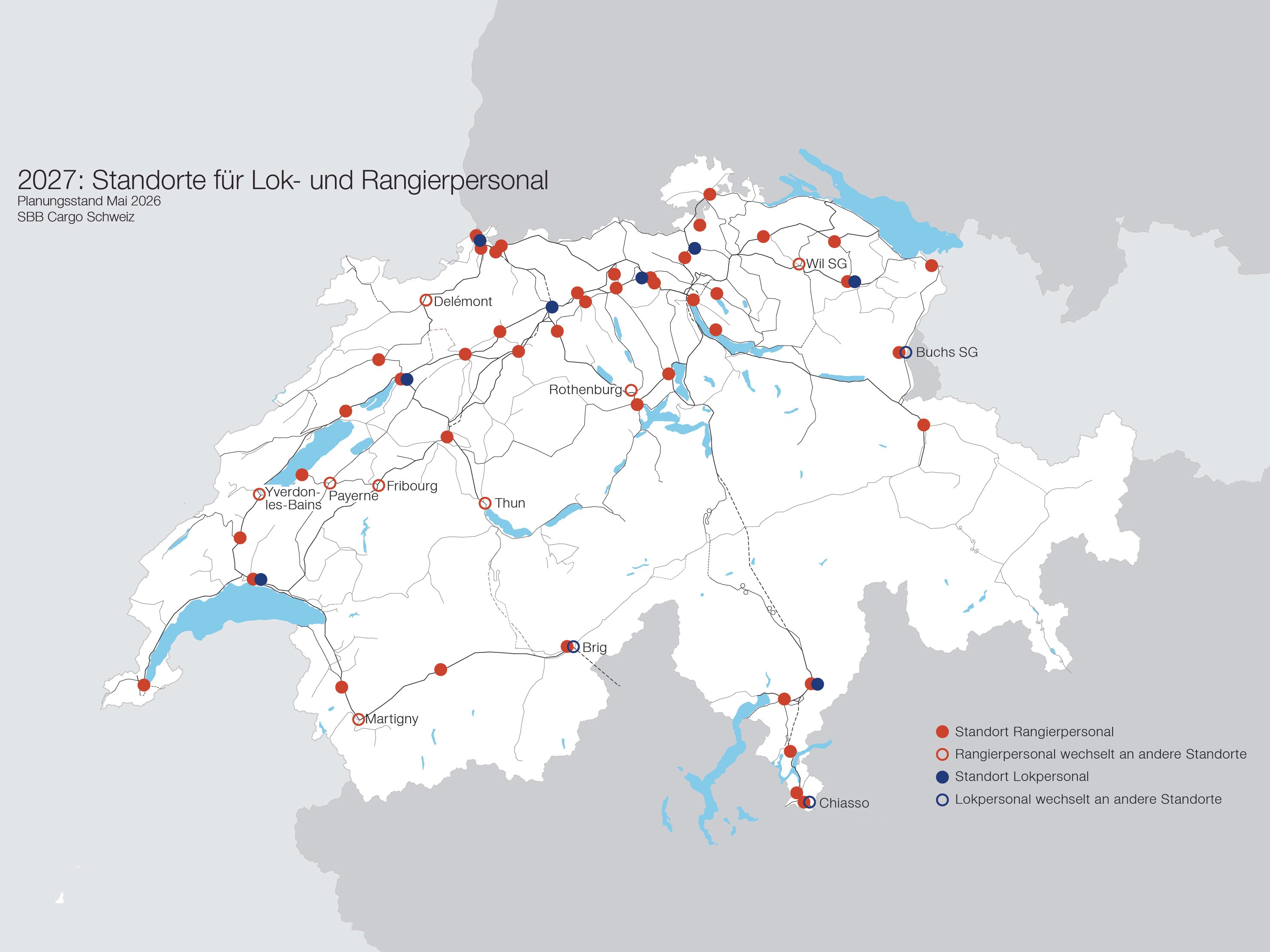 Schweizer Karte mit Standorten für Lok- und Rangierpersonal von SBB Cargo Schweiz wie im vorherigen Text erwähnt.