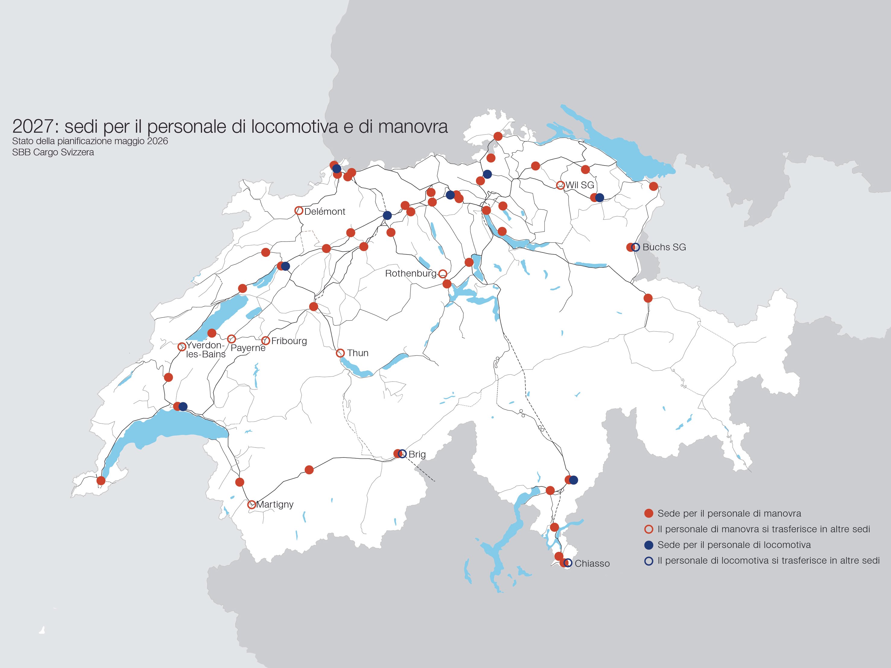 Cartina della Svizzera con le sedi del personale di locomotiva e di manovra di FFS Cargo Svizzera come menzionato nel testo.