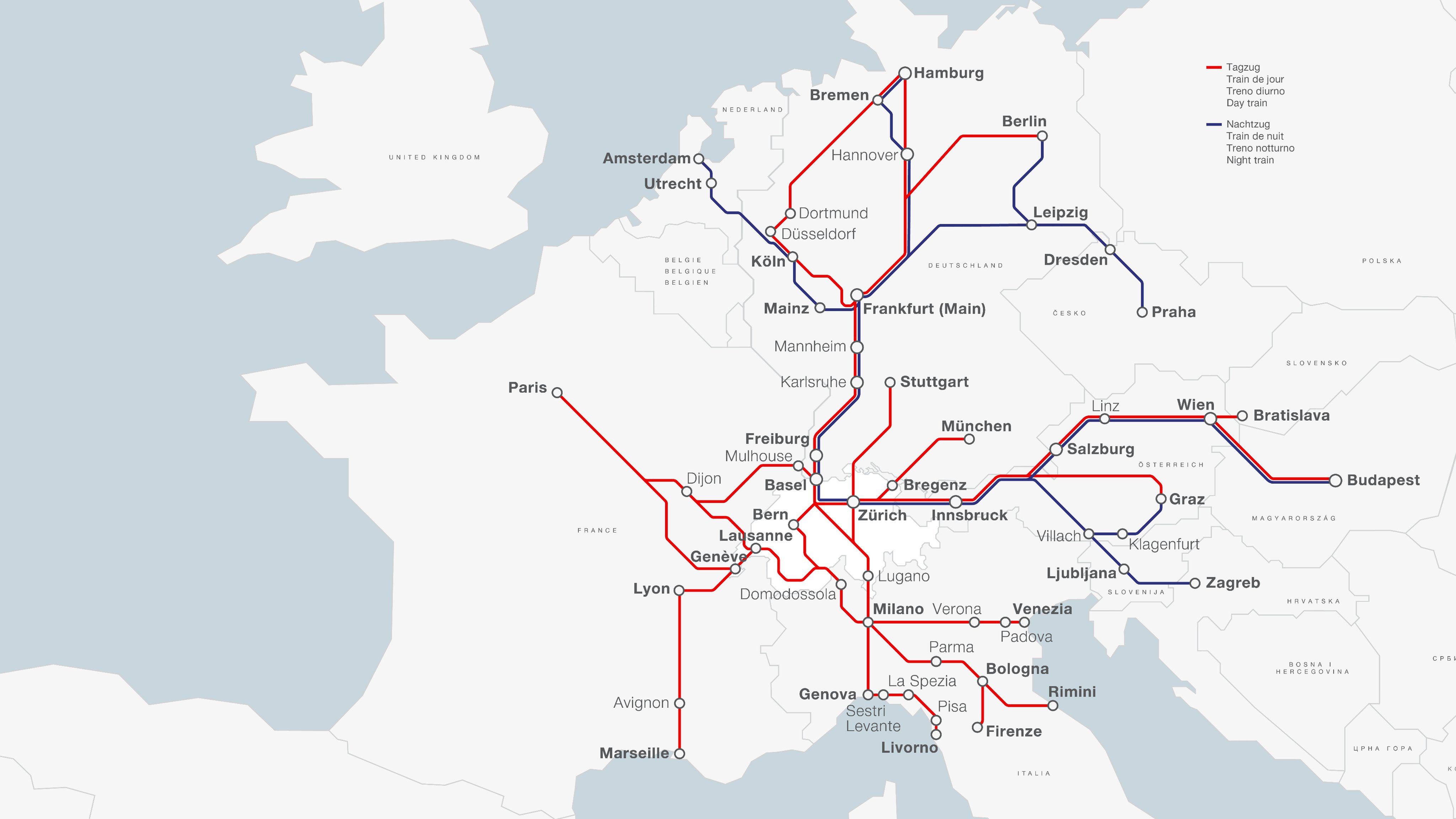 Grafik mit Tages- und Nachtzugverbindungen zwischen der Schweiz und zahlreichen europäischen Destinationen