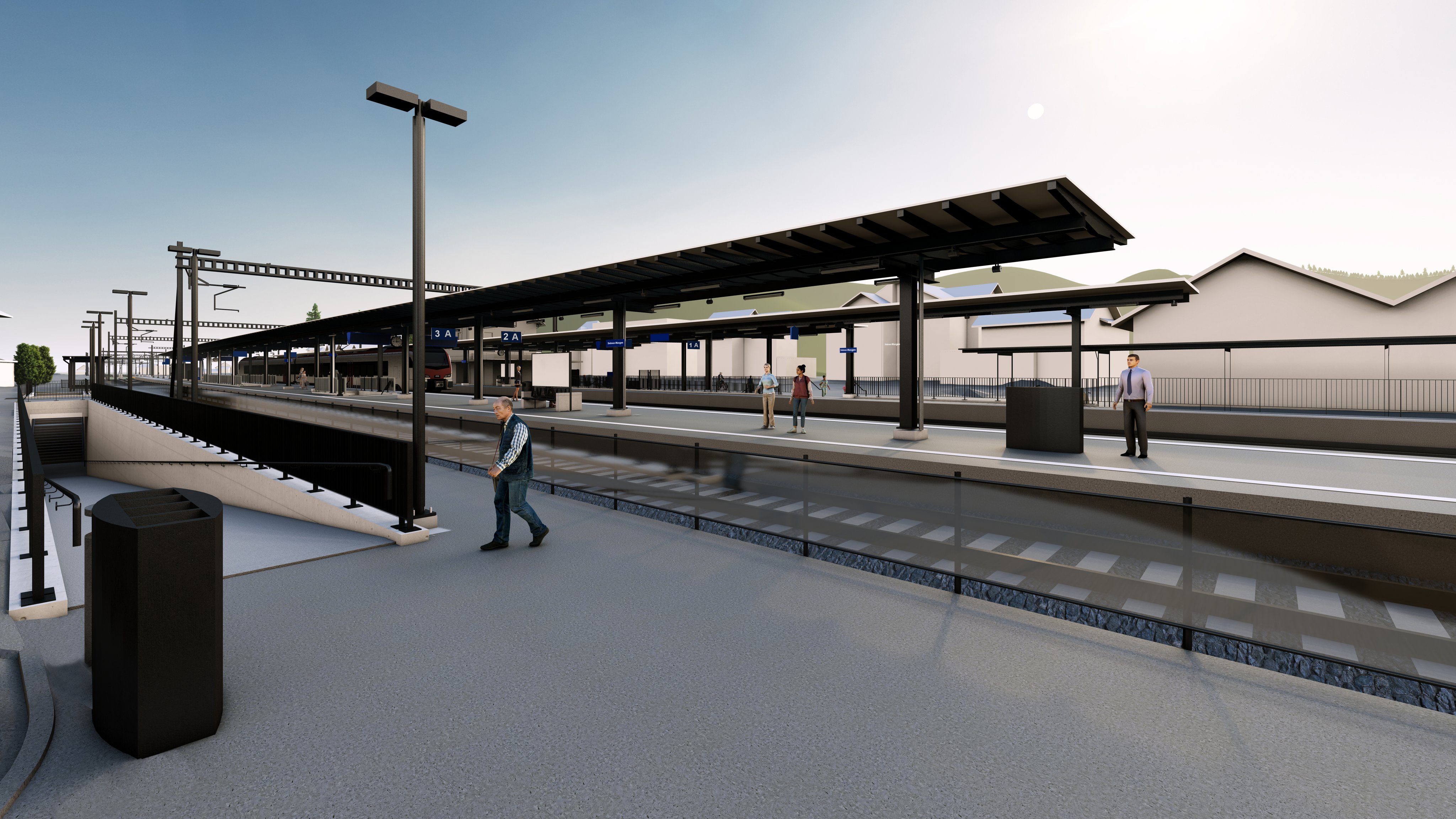 Eine computergenerierte Visualisierung des künftigen Bahnhofs Siebnen-Wangen, Bahnzugang Nord
