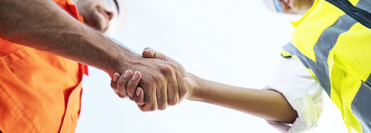 A team of people meeting in a modern office building