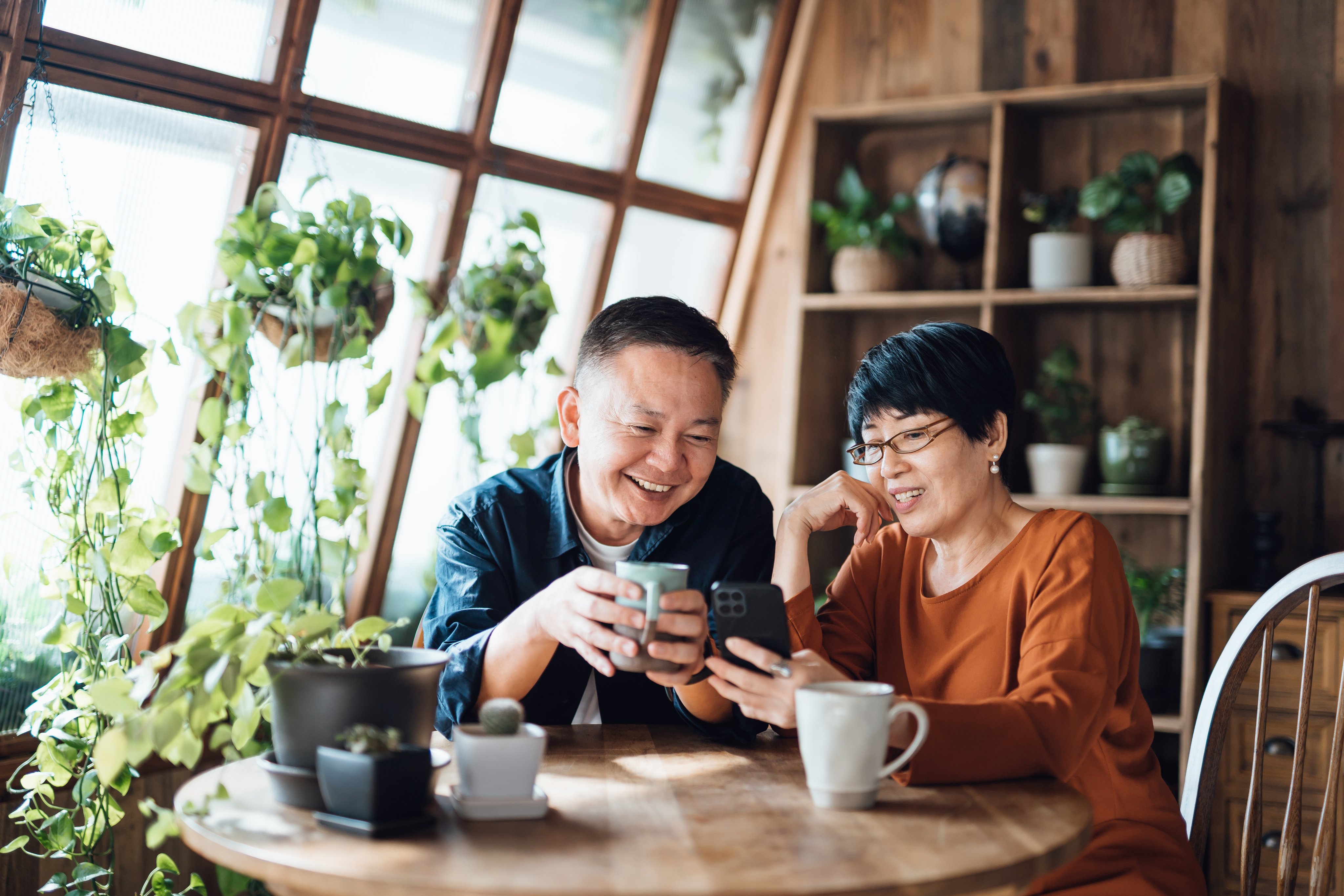 Older couple using a mobile phone together at home