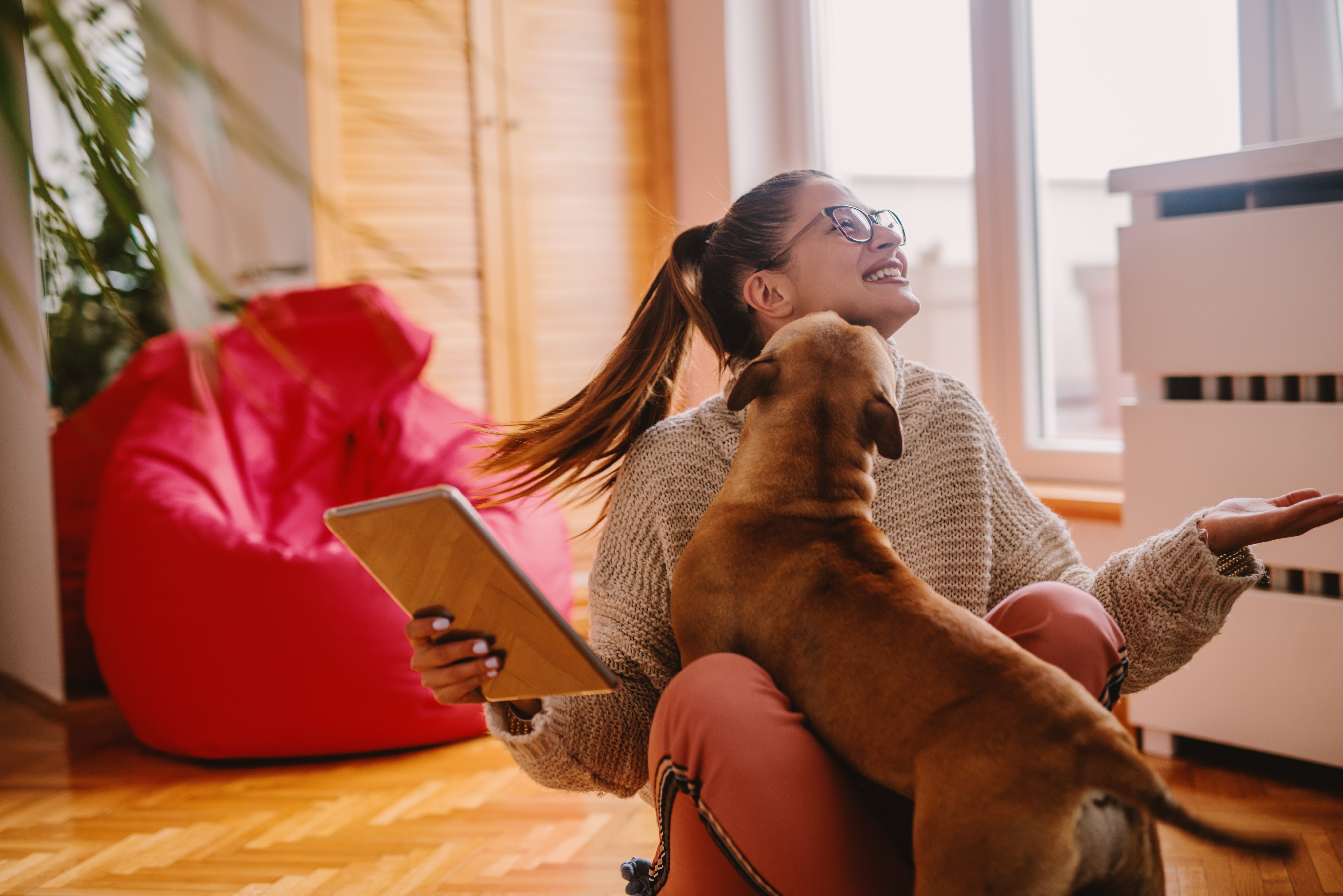 Woman sitting on the floor and playing with dog. In hand tablet. 