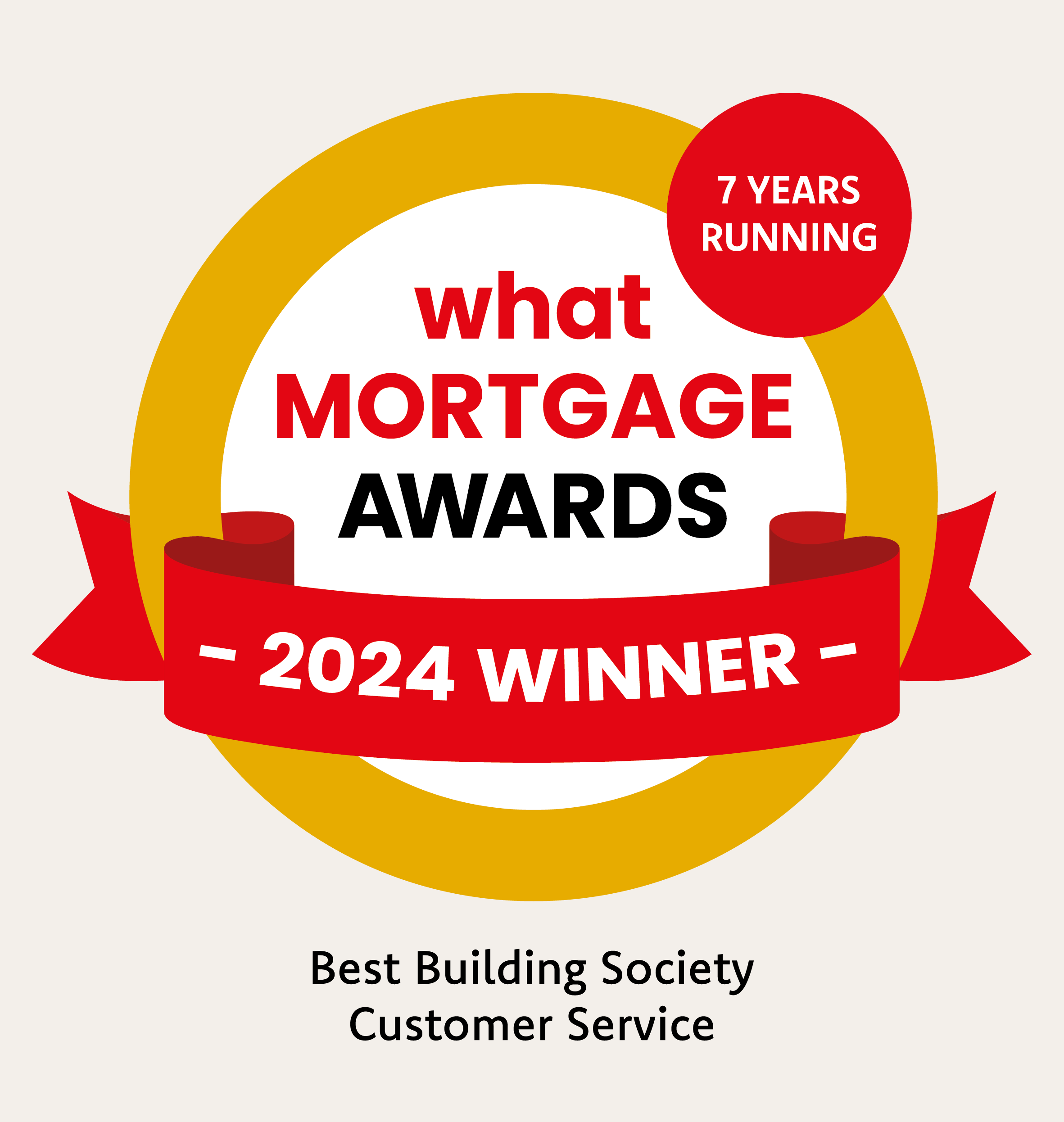 Award logo for "What Mortgage Awards 2024 Winner", acknowledging Principality's 2024, and 7th year running win