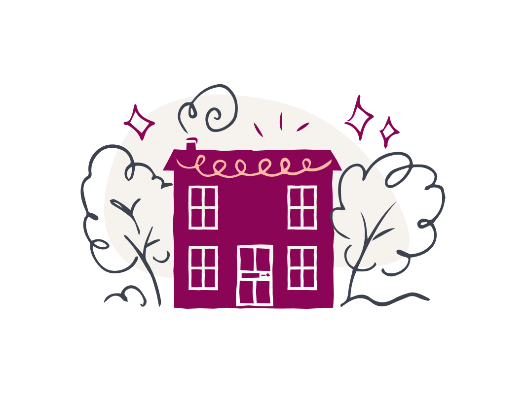 An illustrated home framed by two drawn trees in the wind [Welsh]