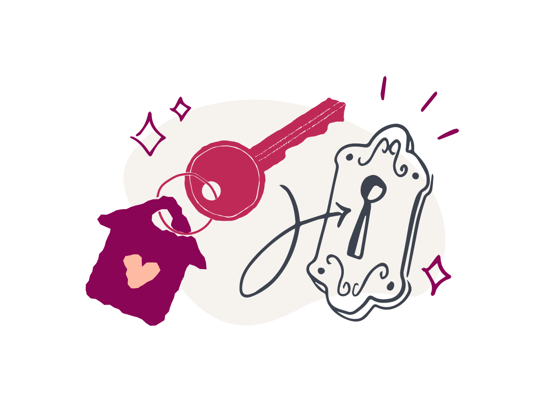 An illustrated house key with a house shape keychain is directed towards  a door lock [welsh]