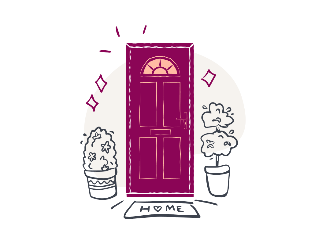 Close up of an illustrated house front door with a doormat that reads 'home'. [Welsh]