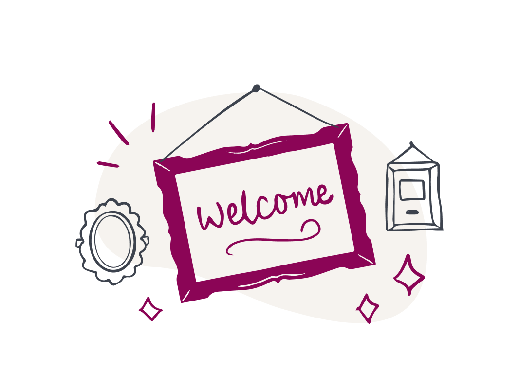 Collage of illustrated frames, with the words Welcome inside