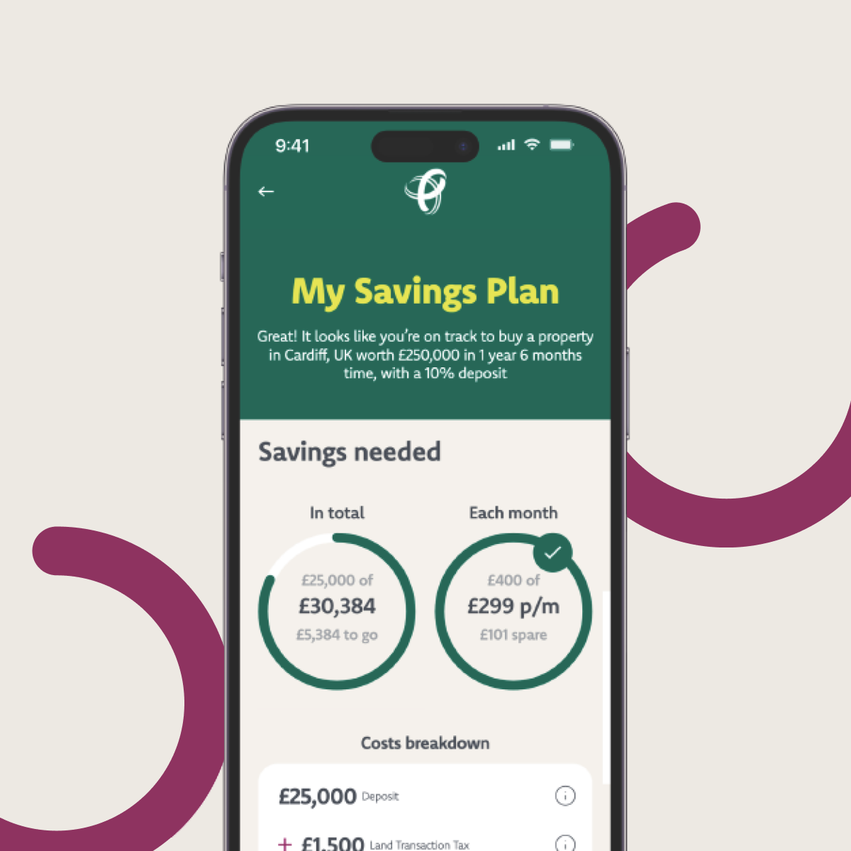 A mobile preview of the savings plan on the Principality first home steps app. 