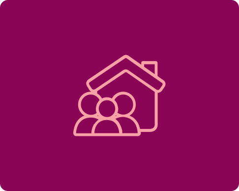 House with people in front icon - plum background
