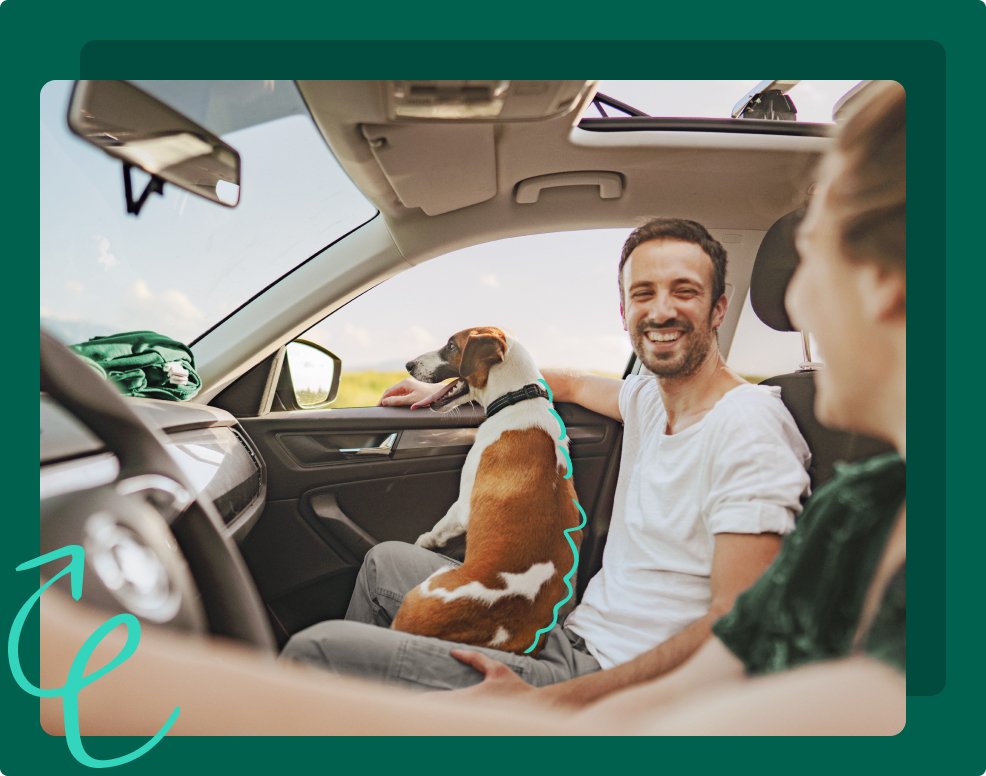 Young couple laugh while in car journey with dog