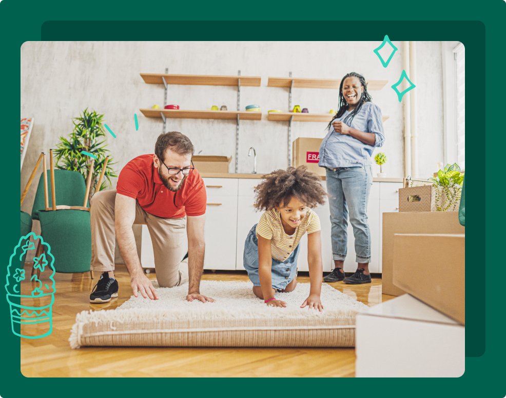  Family unpacking in their new home by rolling out a living room carpet