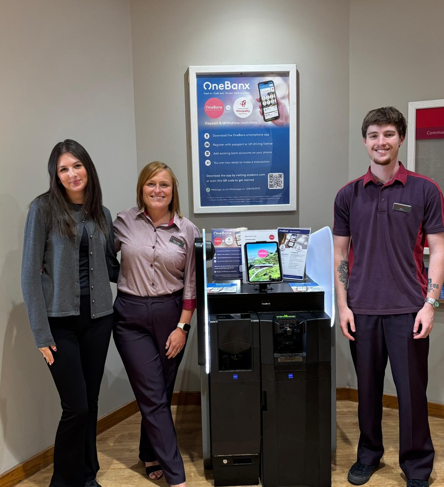Principality Colleagues with OneBanx Kiosk at Maesteg Branch