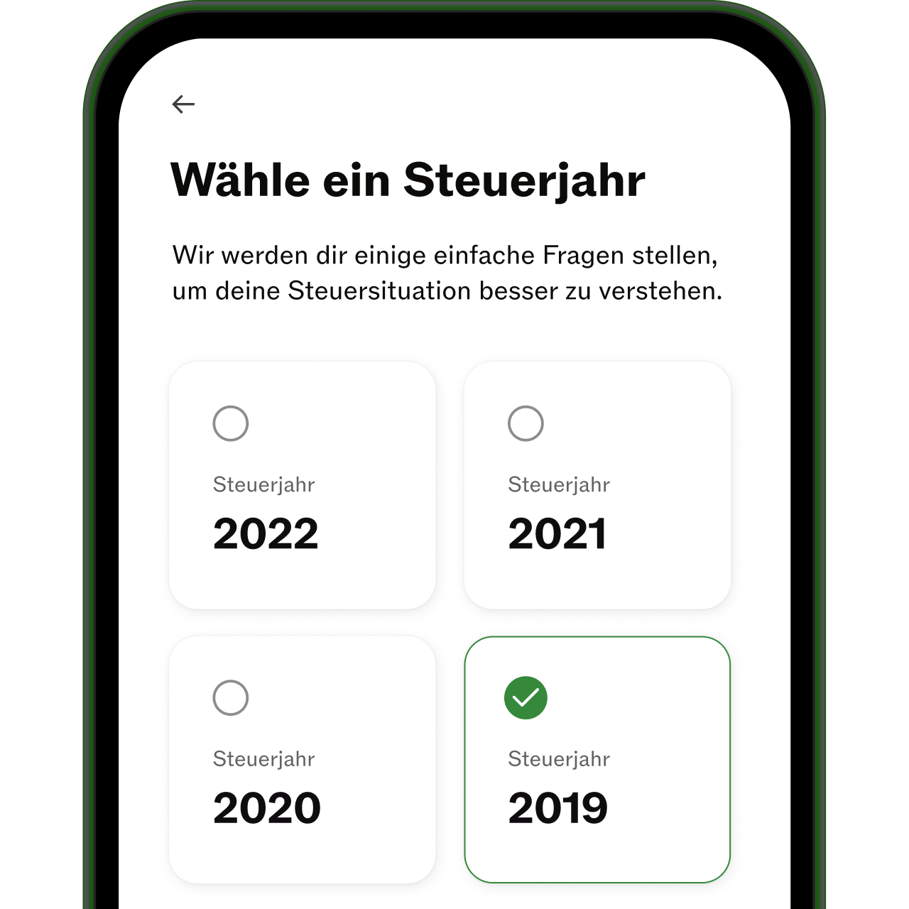 Taxfix-App Bildschirm, Steuerjahr 2019 ausgewählt