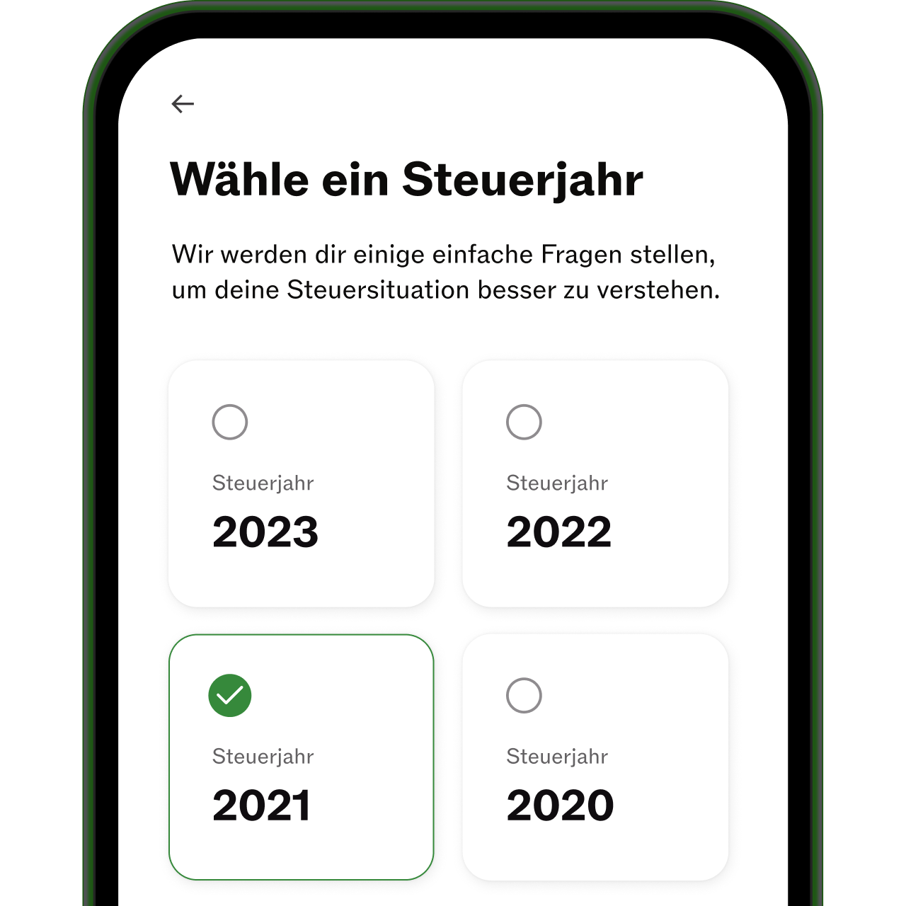 Taxfix-App Bildschirm, Steuerjahr 2021 ausgewählt