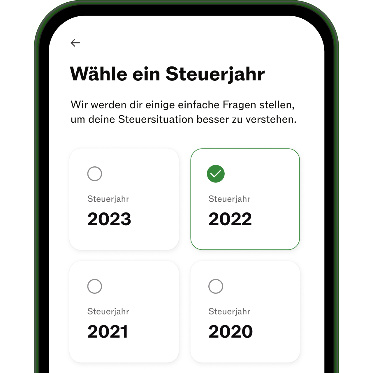 Taxfix-App Bildschirm, Steuerjahr 2022 ausgewählt