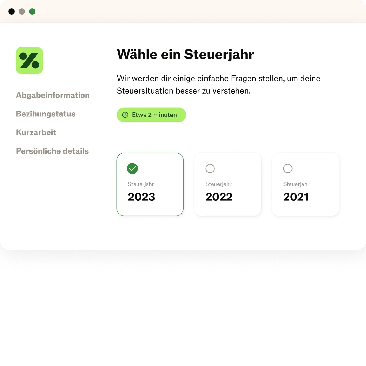 Taxfix Desktop App: Steuerjahr 2023 ausgewählt