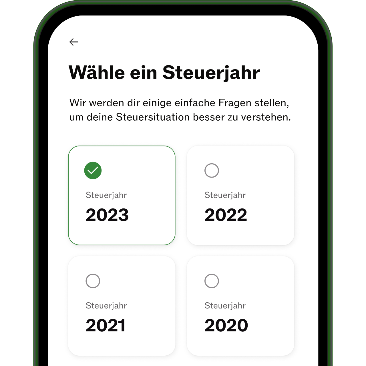 Taxfix-App Bildschirm, Steuerjahr 2023 ausgewählt