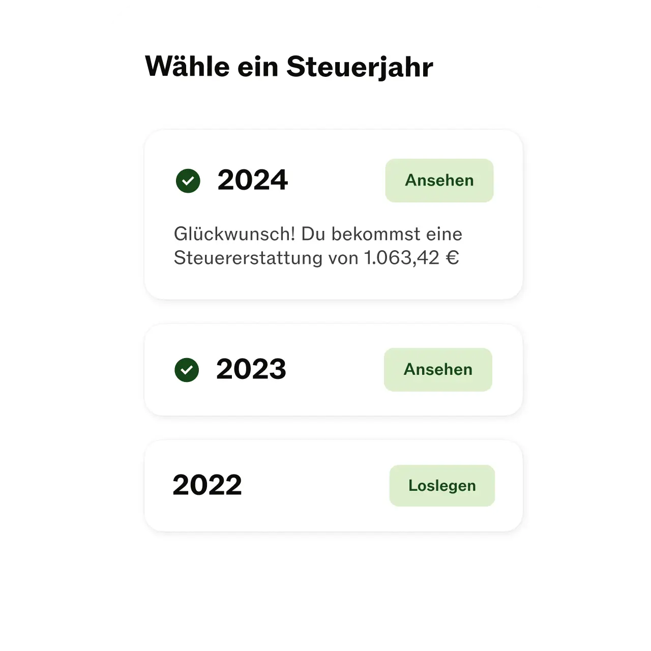 Taxfix-App Bildschirm, Steuerjahr 2023 ausgewählt