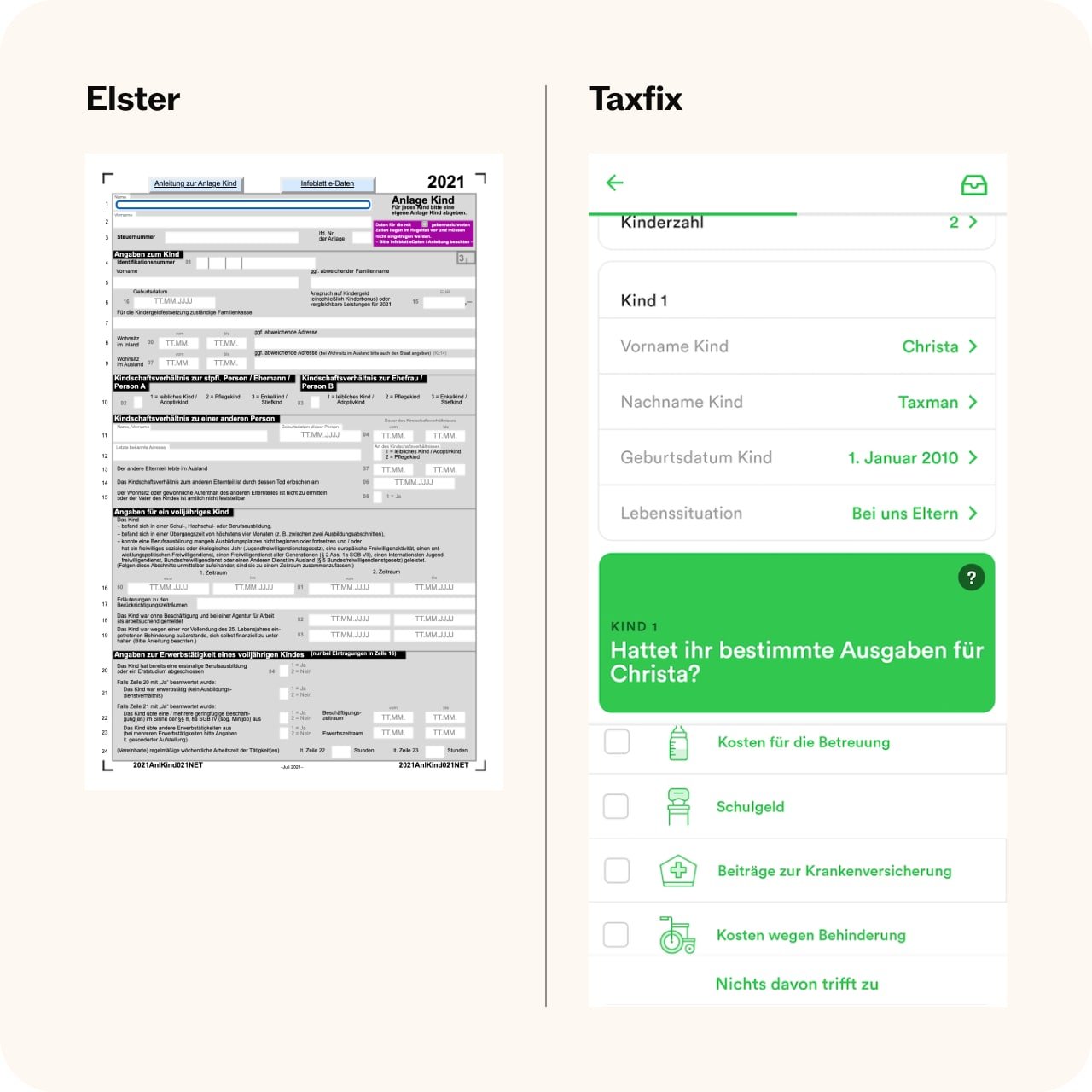 Vergleich von amtlicher Anlage Kind 2021 und digitaler Eingabemaske zur Kinderangabe bei Taxfix