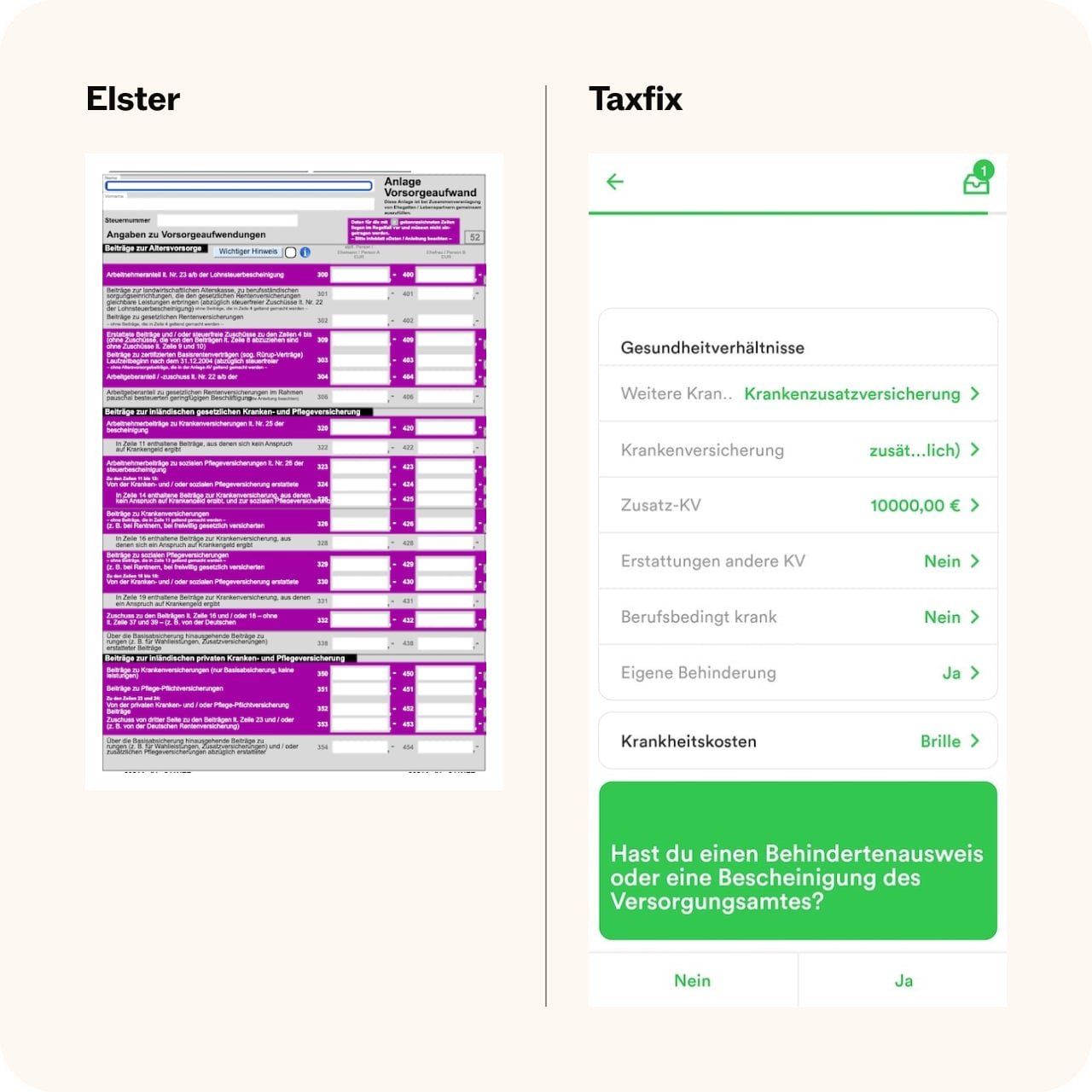 Vergleich der Anlage Vorsorgeaufwand mit der digitalen Eingabemaske zu Gesundheits- und Versicherungsangaben in der Taxfix App