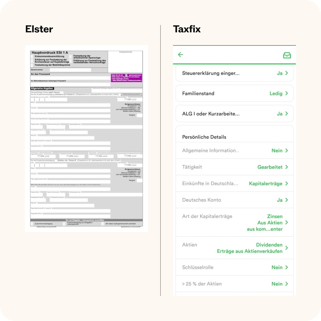 Vergleich von Elster-Hauptvordruck der Steuererklärung und digitaler Eingabemaske in der Taxfix App