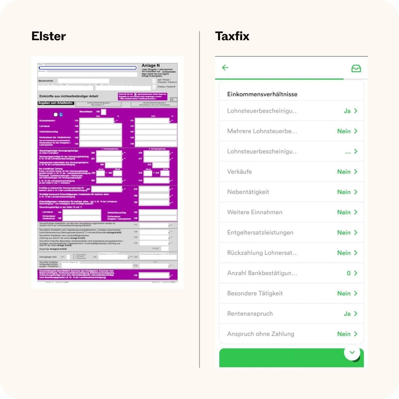 Vergleich der Anlage N mit der digitalen Eingabemaske zu Einkommensverhältnissen bei Taxfix