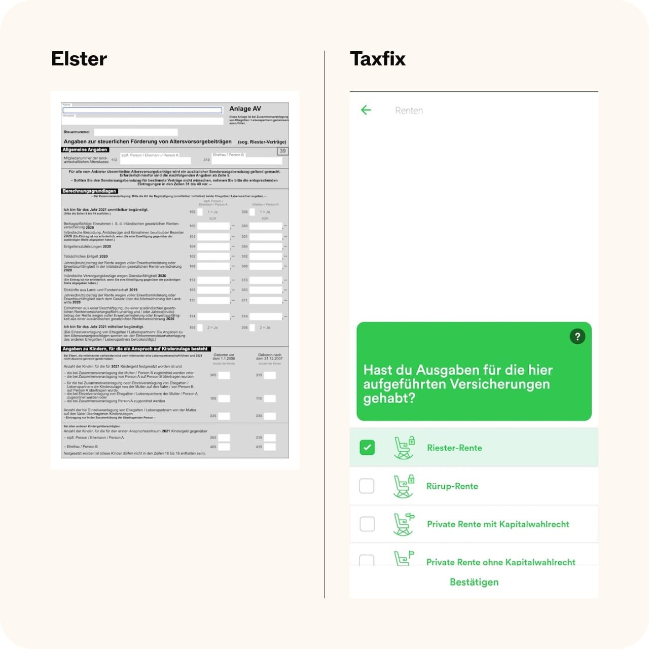 Vergleich der Anlage AV mit der digitalen Eingabemaske zur Erfassung von Altersvorsorgebeiträgen von Taxfix