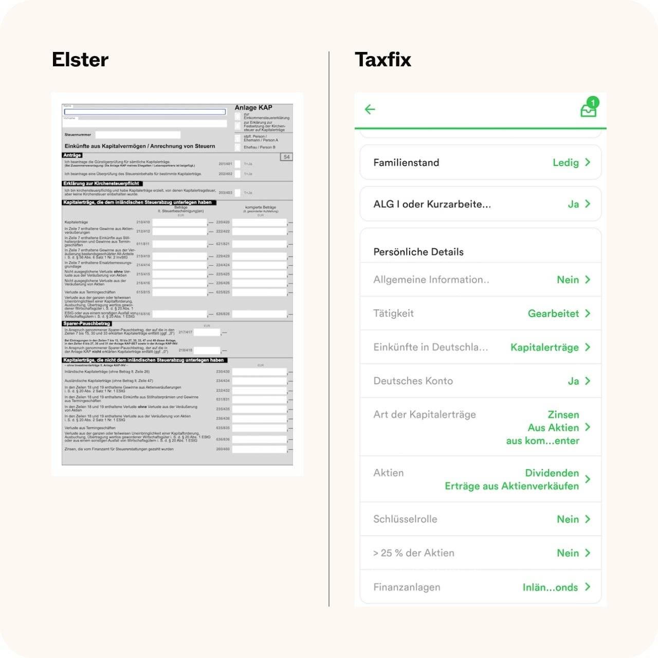 Vergleich der Anlage KAP mit der digitalen Eingabemaske zur Erfassung von Kapitalerträgen in der Taxfix App