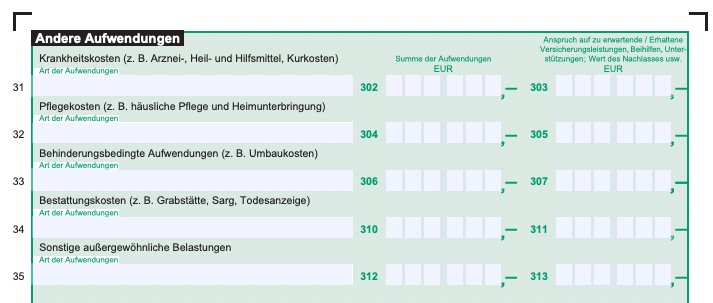 Formularabschnitt für außergewöhnliche Belastungen mit Angaben zu Krankheits-, Pflege- und Bestattungskosten
