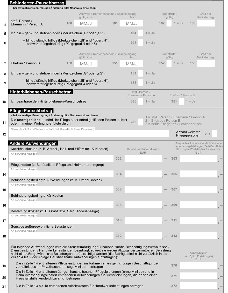 Formularseite zu Behinderten-, Hinterbliebenen-, Pflegepauschbeträgen und sonstigen außergewöhnlichen Belastungen.