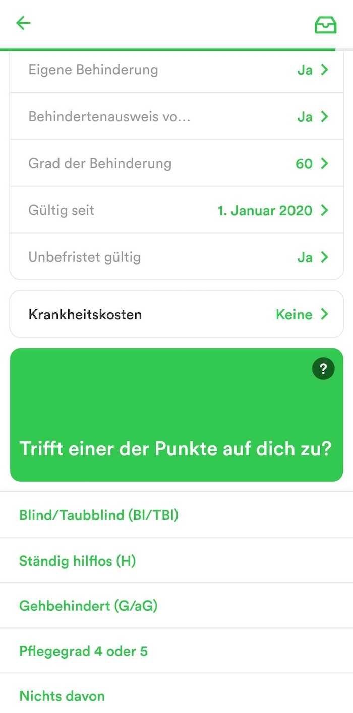 Taxfix App Eingabemaske zur Erfassung von Behinderung, Merkzeichen und Gültigkeitszeitraum
