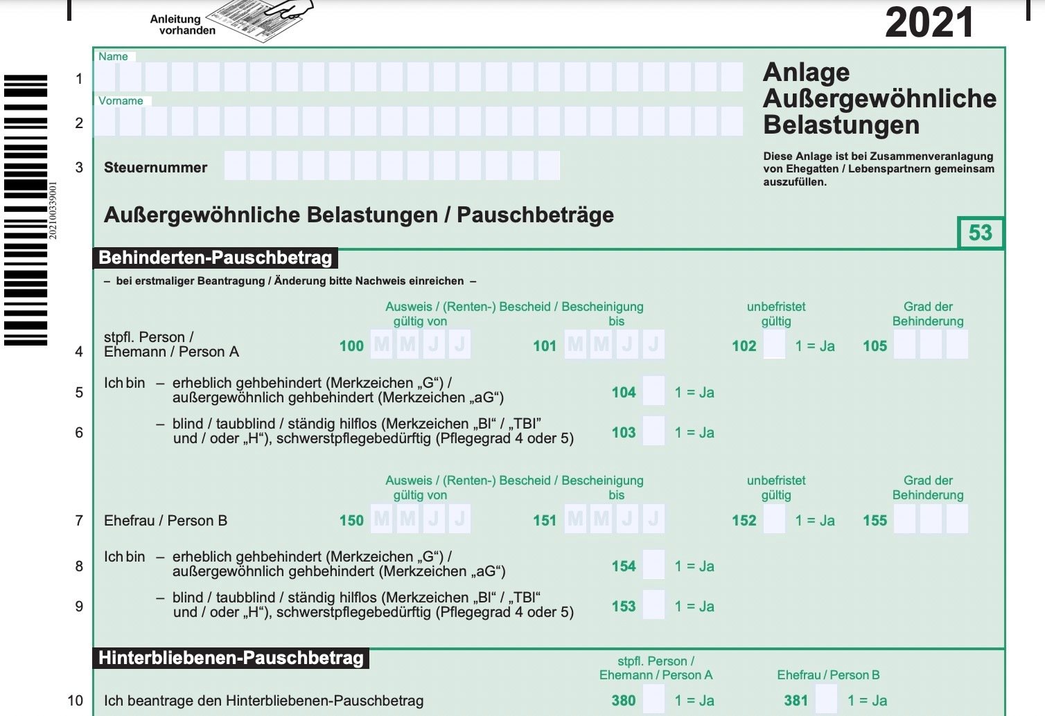 Formular Anlage Außergewöhnliche Belastungen 2021 mit Feldern zum Behinderten- und Hinterbliebenen-Pauschbetrag