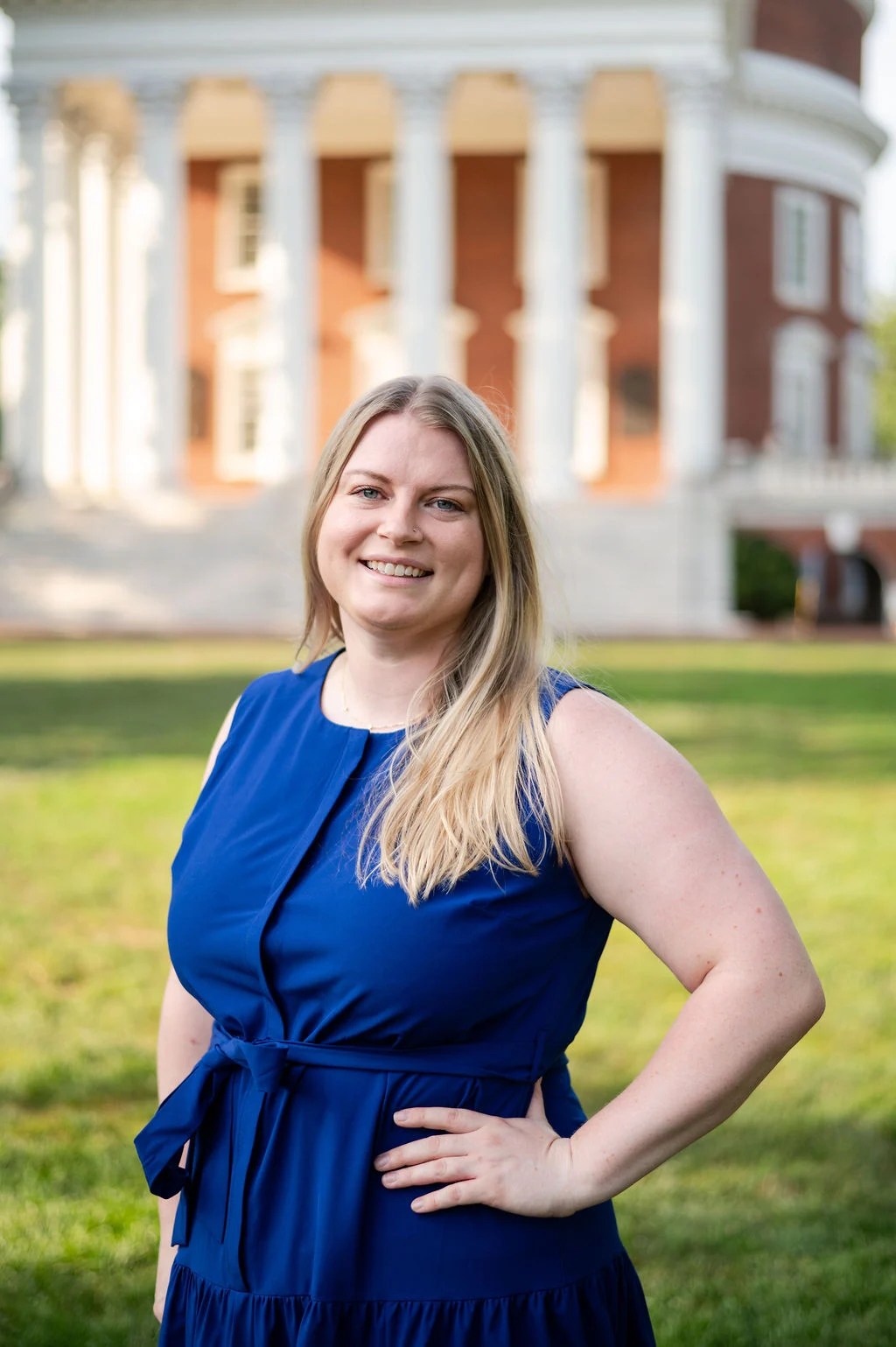 Lauren Yates, a pharmacy resident, poses in front of the rotunda at UVA