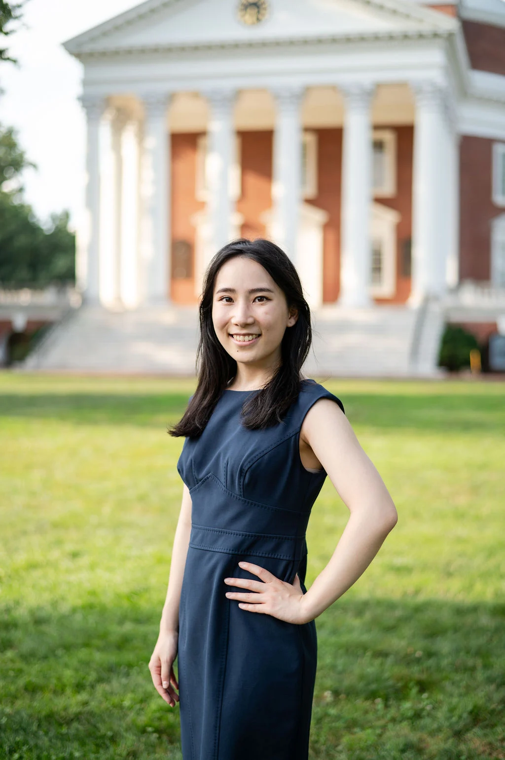 Lisa Trinh, an oncology pharmacy resident, poses in front of the rotunda at UVA