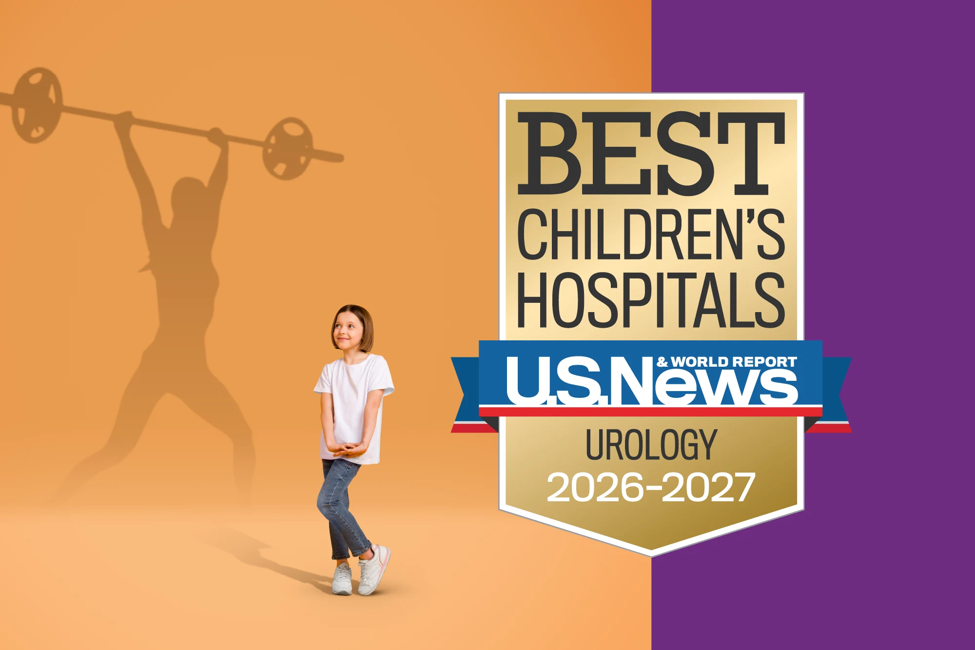 Little girl with weightlifter silhouetted on orange background